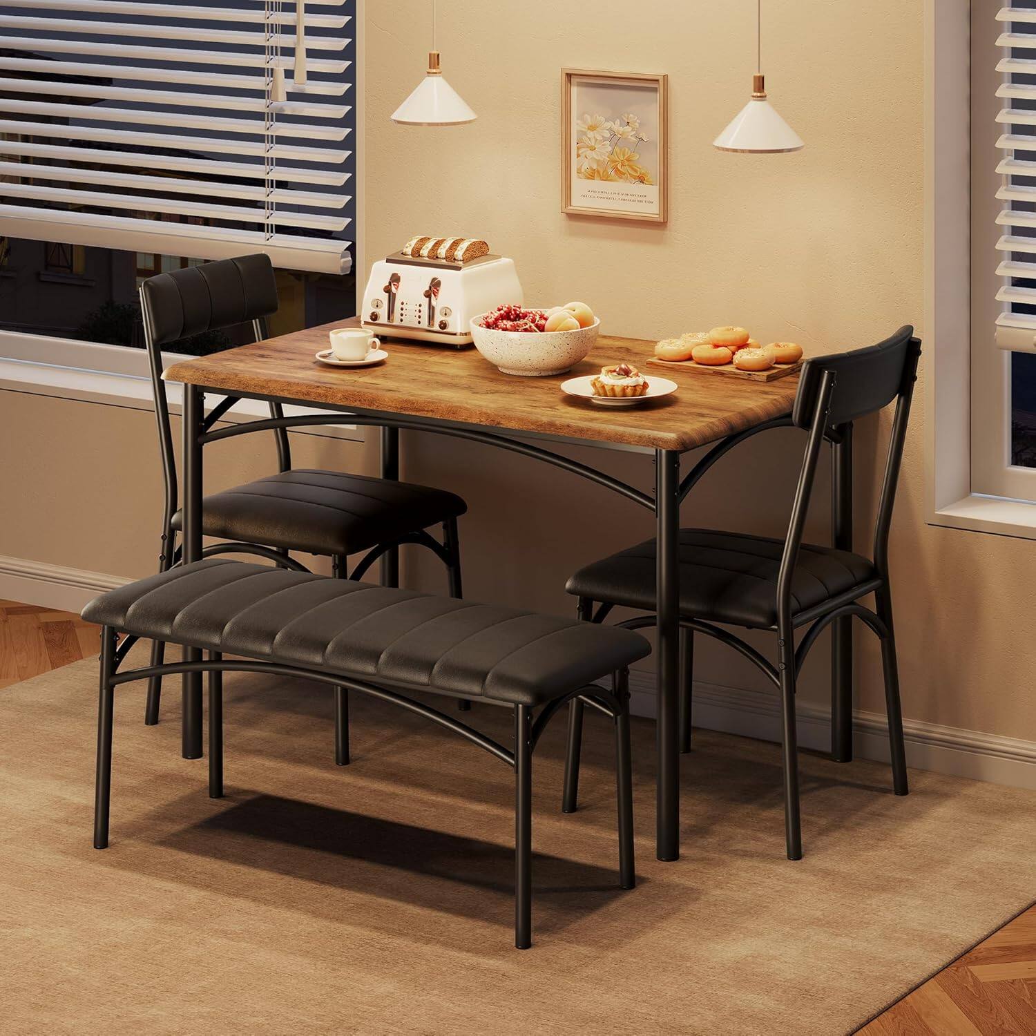 Front. Qeetex - 4-Piece Wood Dining Table Set: Rectangular Table, 4 Chairs & Upholstered Bench for Small Spaces - Brown.