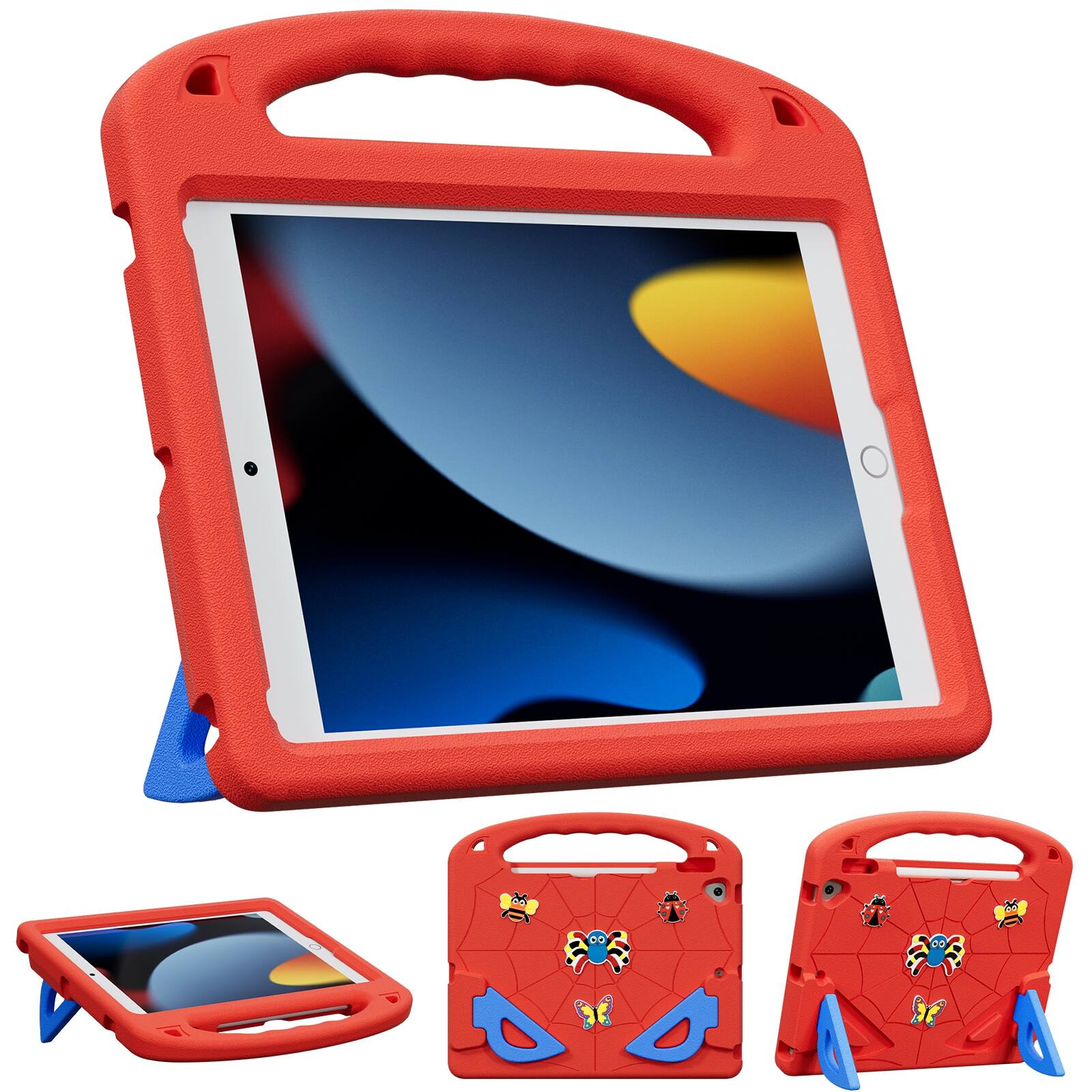 Angle. UUCOVER - Kids Case for iPad 9th 8th 7th Generation 10.2-inch (2021/2020/2019) Shockproof EVA Handle Stand Cover+Shoulder Strap - Red/Blue.