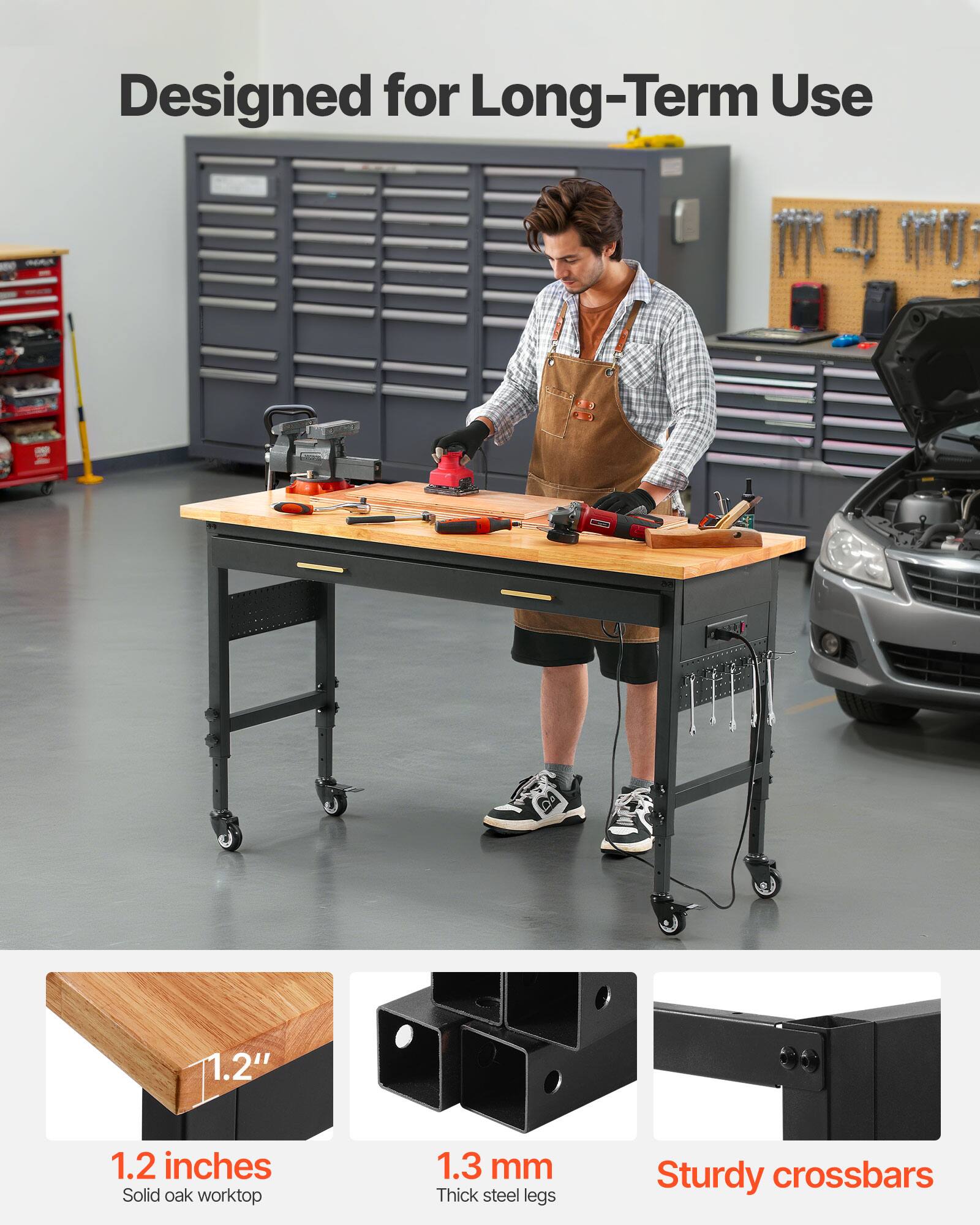 Designed for Long-Term Use

1.2 inches Solid oak worktop  
1.3 mm Thick steel legs  
Sturdy crossbars