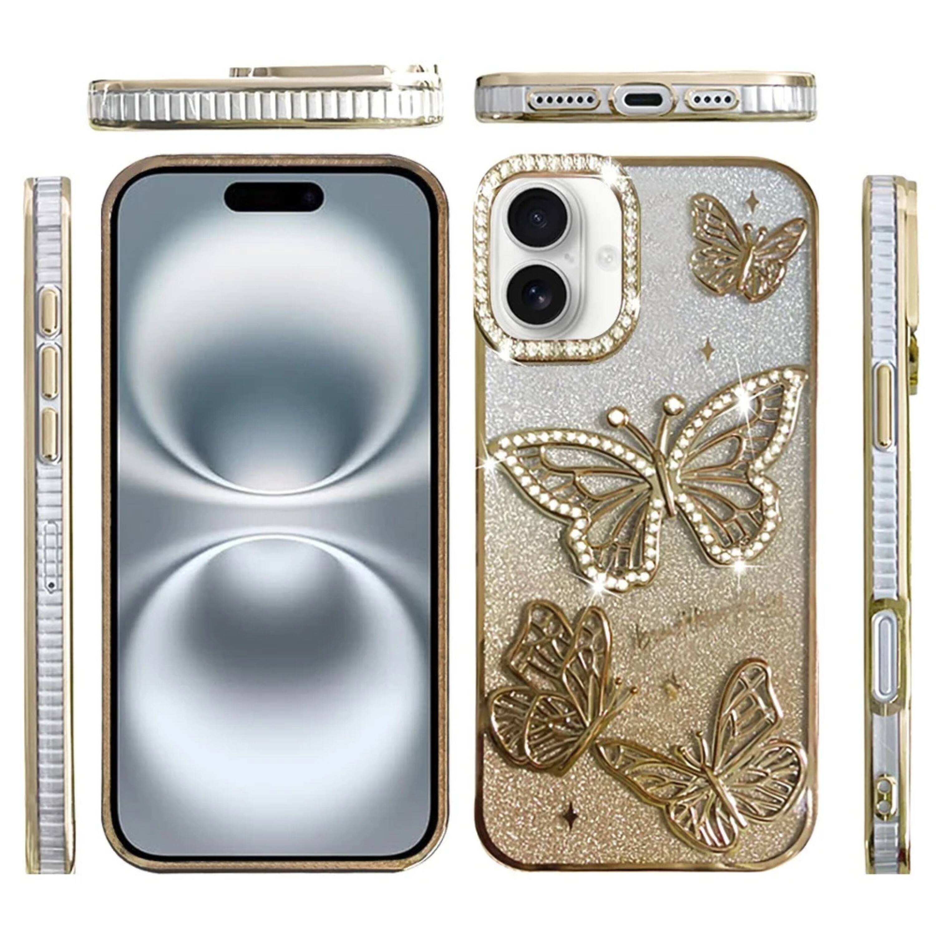 Left. Kitcheniva - Rhinestone Butterfly Protective Phone Case For iPhone 16 6.1 Inch Gold - Gold.