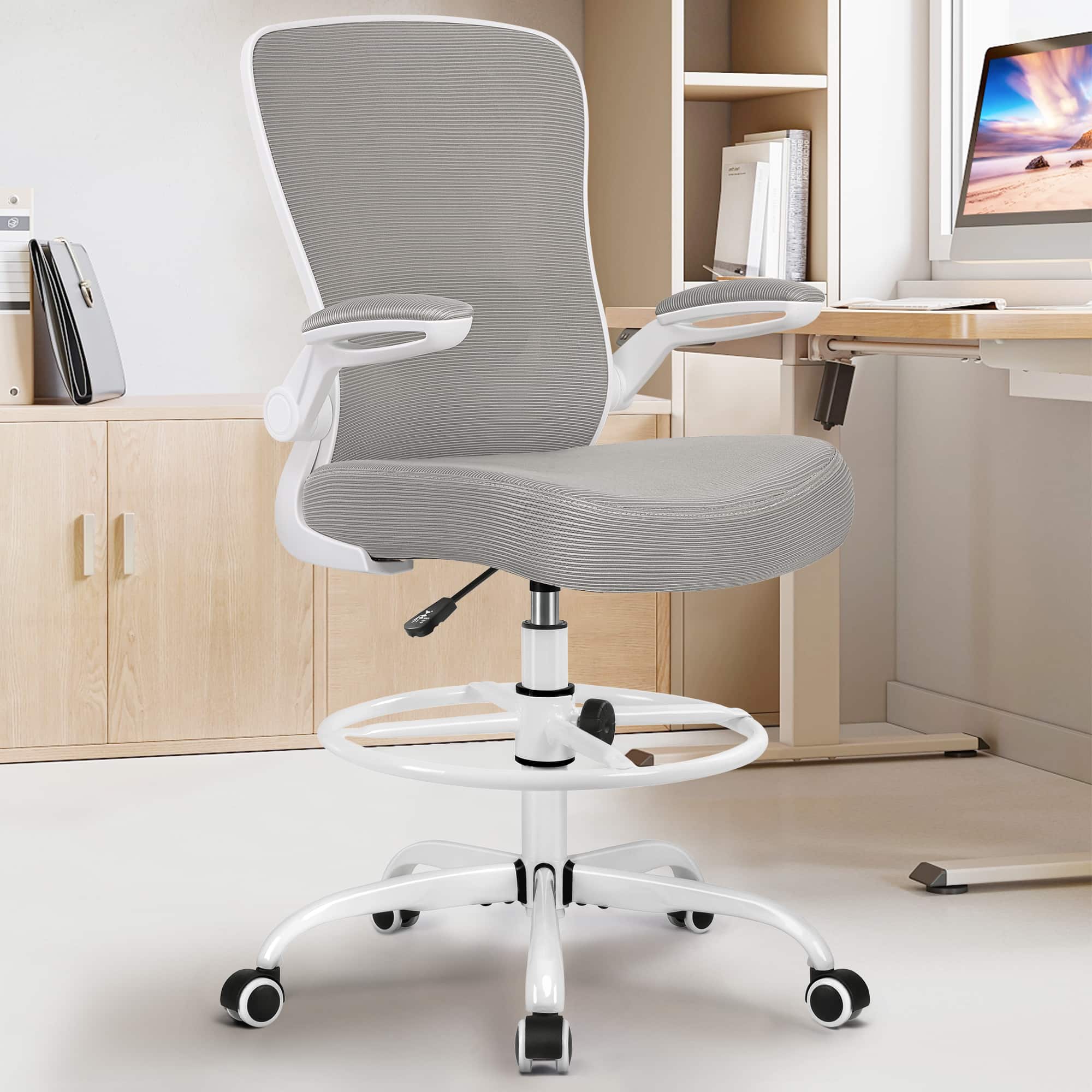Alt View 3. KERDOM - High Back Drafting Chair Ergonomic Tall Office Chair With Lumbar Support Breathable Mesh Painting Chair, Flip-up Armrest - Grey.
