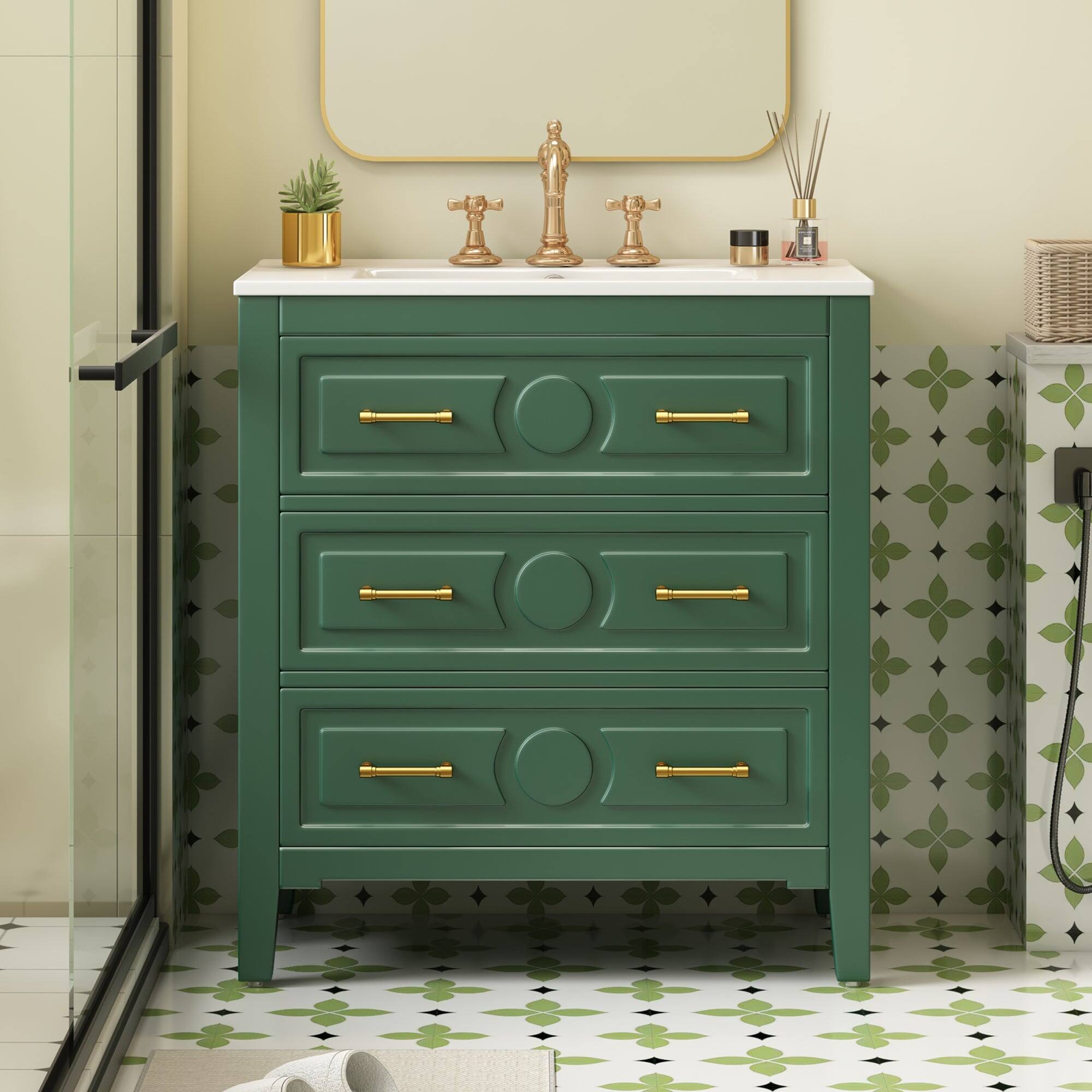Alt View 1. Boyel Living - 30 Inch Retro Bathroom Vanity with Ceramic Sink and Three Drawers Green - Green.