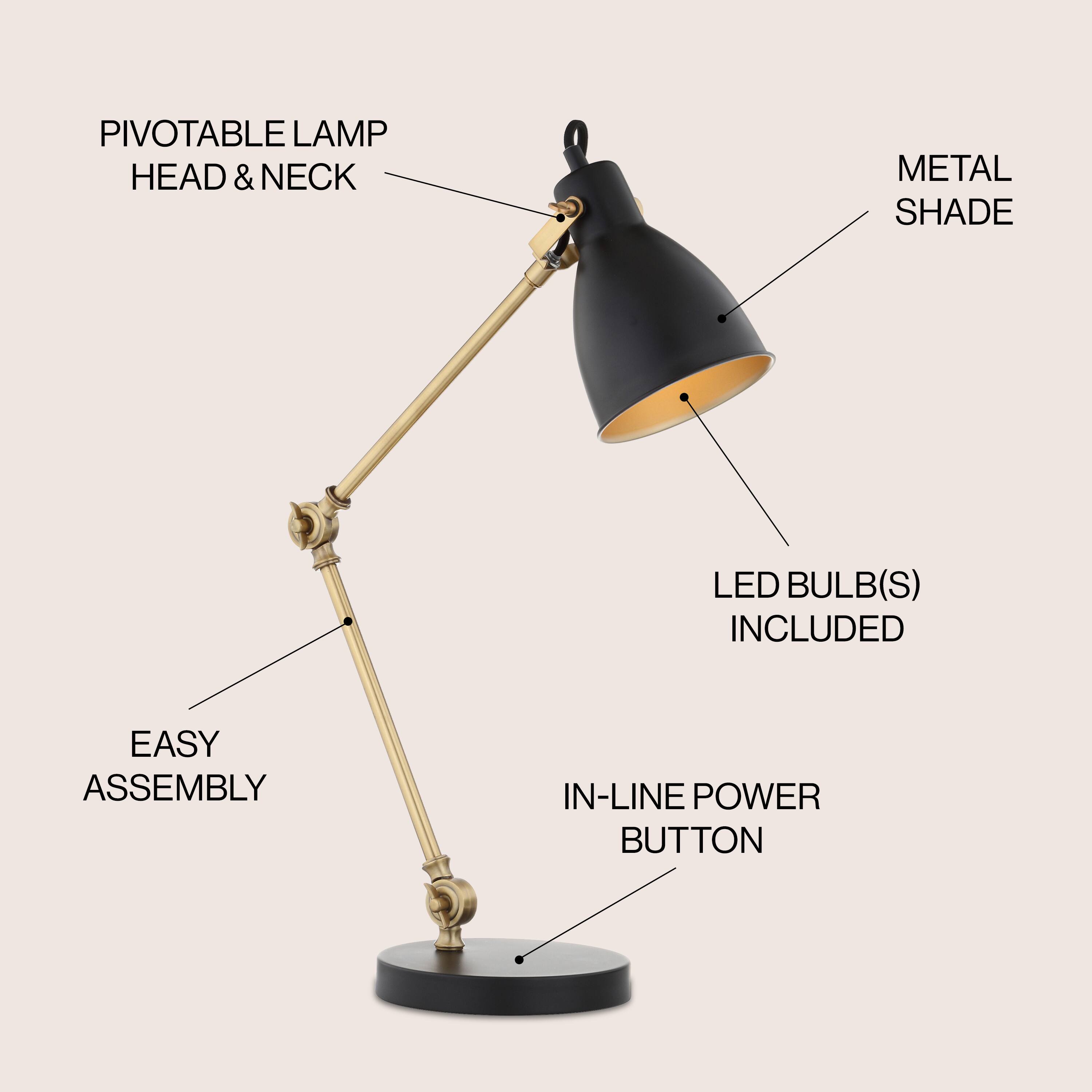 PIVOTABLE LAMP HEAD & NECK  
METAL SHADE  
LED BULB(S) INCLUDED  
EASY ASSEMBLY  
IN-LINE POWER BUTTON