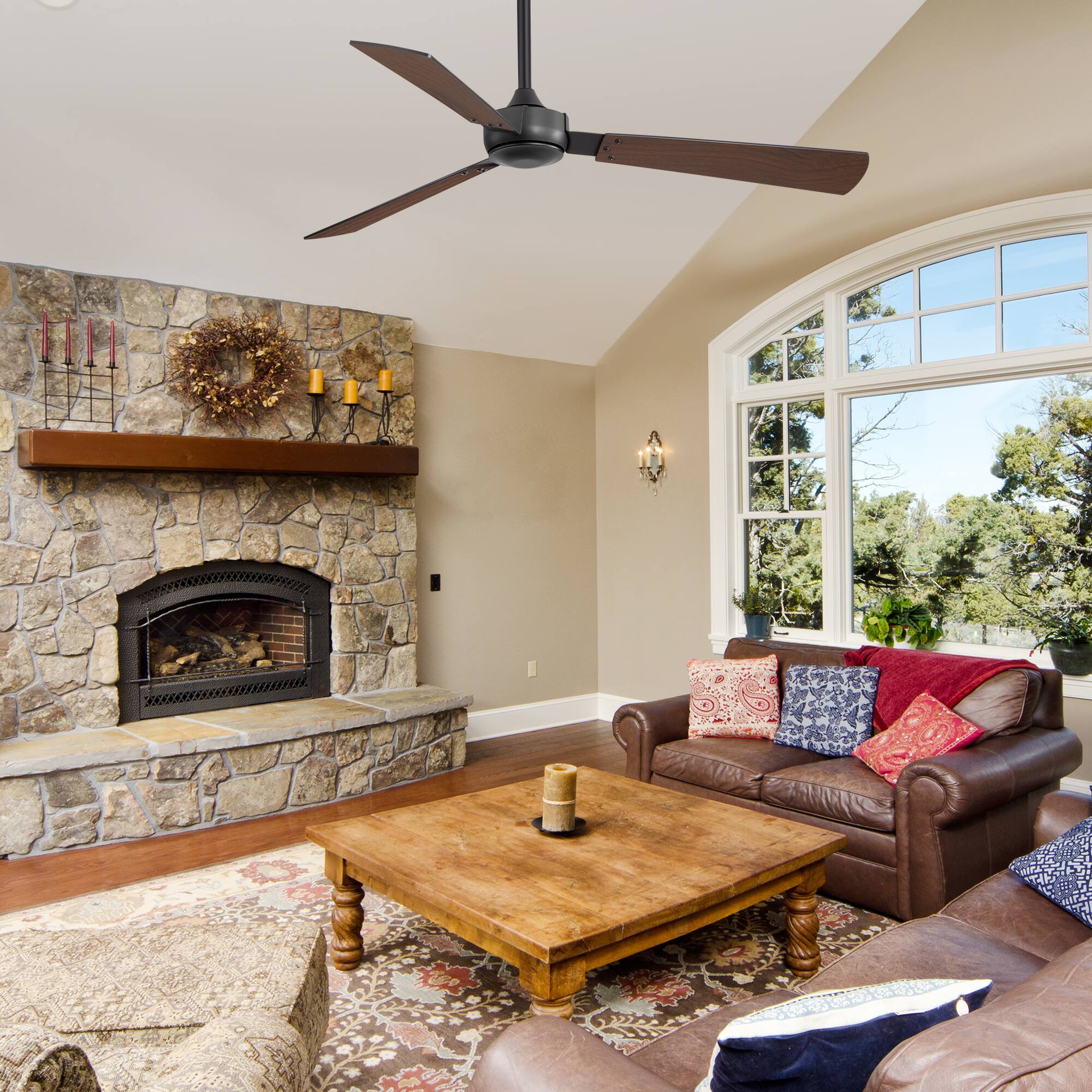 Alt View 1. Breezary - 52-Inch Indoor Modern No-Light Ceiling Fan, DC Motor, 6-Speed Remote Control, 3 Blades, 4"/8" Downrods, Single or 2 Pack - Black and Woodgrain-Single.