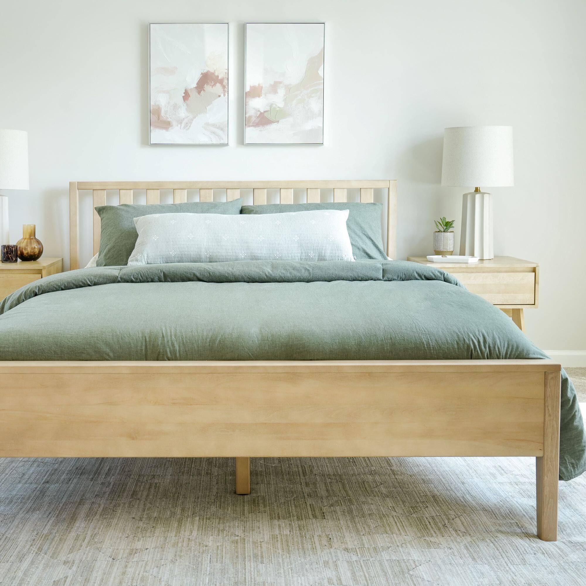 Alt View 1. Plank+Beam - Scandinavian Queen-Size Bed with Slatted Headboard, Blonde - Blonde.