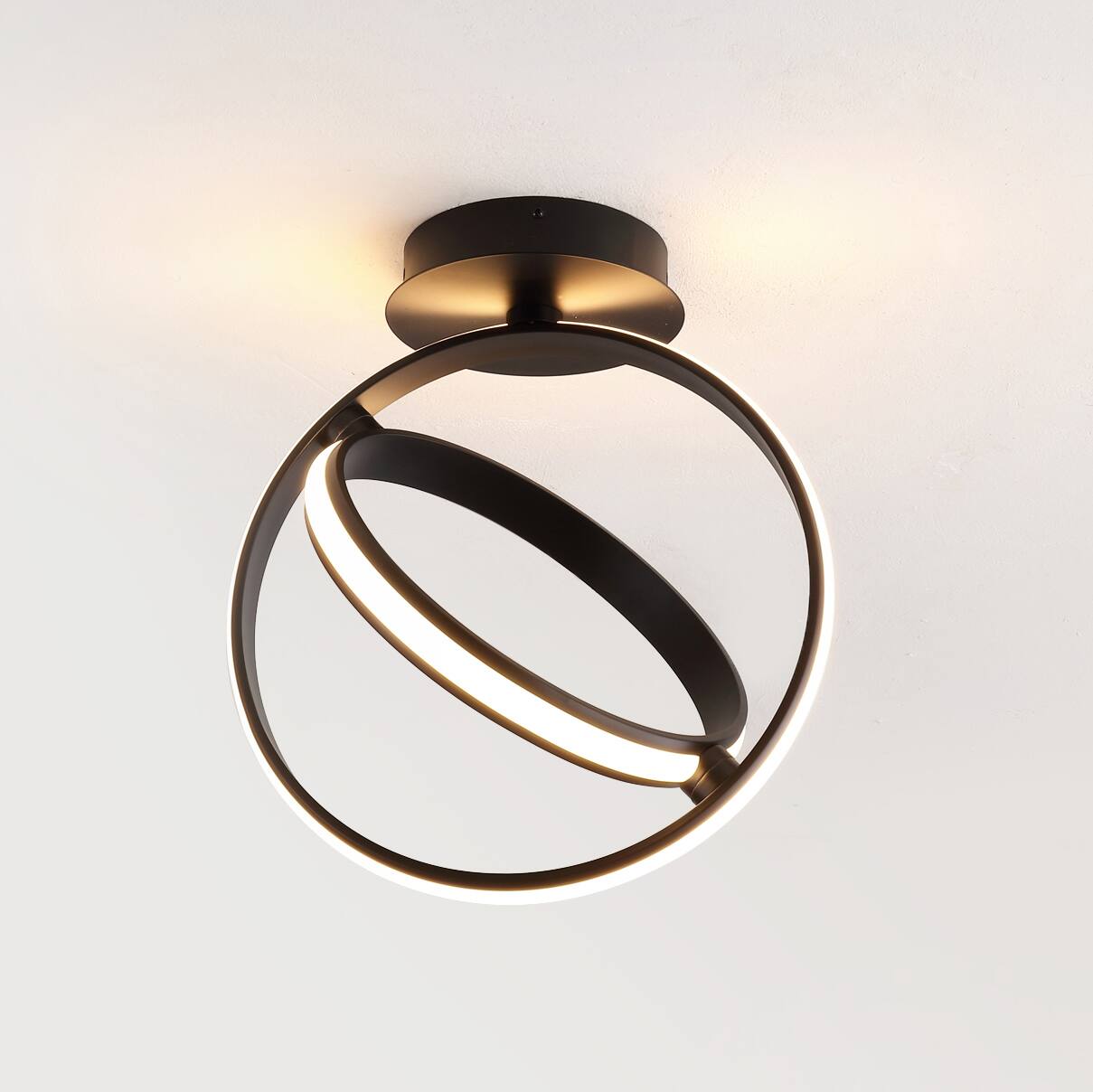 Alt View 1. Jonathan Y - Nicole 14.25" 2-Light Modern Minimalist Aluminum Ring Integrated LED Semi Flush Mount, Black - Black.