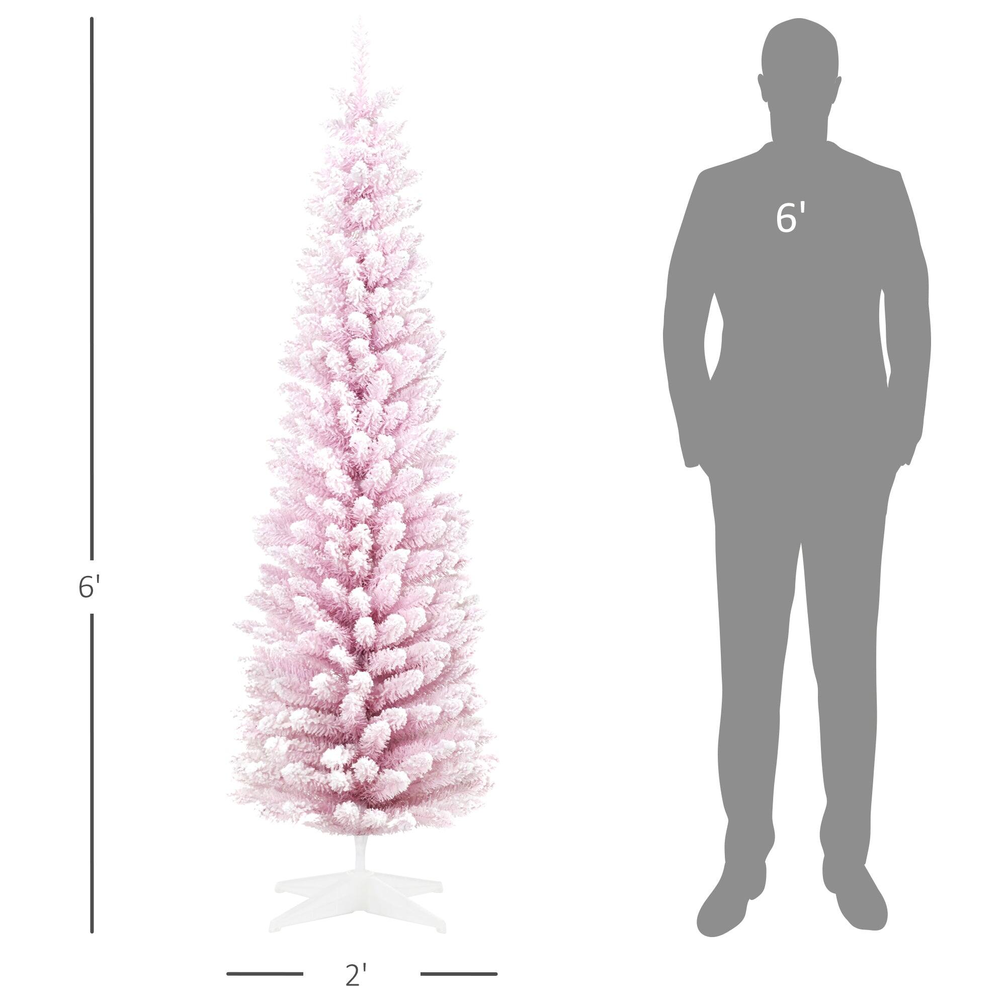 Left. BreeBe - 6 ft Snow Flocked Artificial Pencil Christmas Tree - Pink.