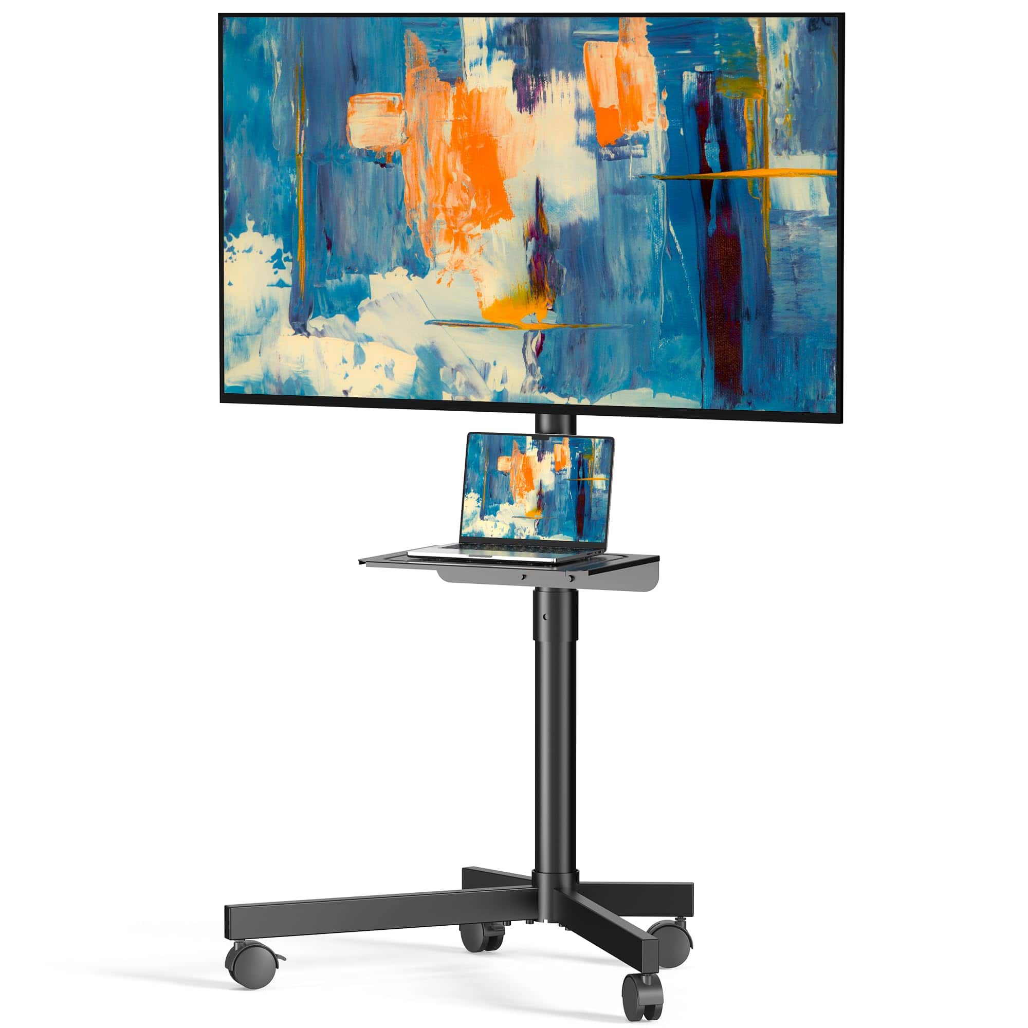 Refined Abode Design - Mobile Tv Cart Rolling Stand For 23 Lcd Led Oled Flat Curved Screens Up To Height Adjustable Portable With - Black 23-60 Inch with Shelf