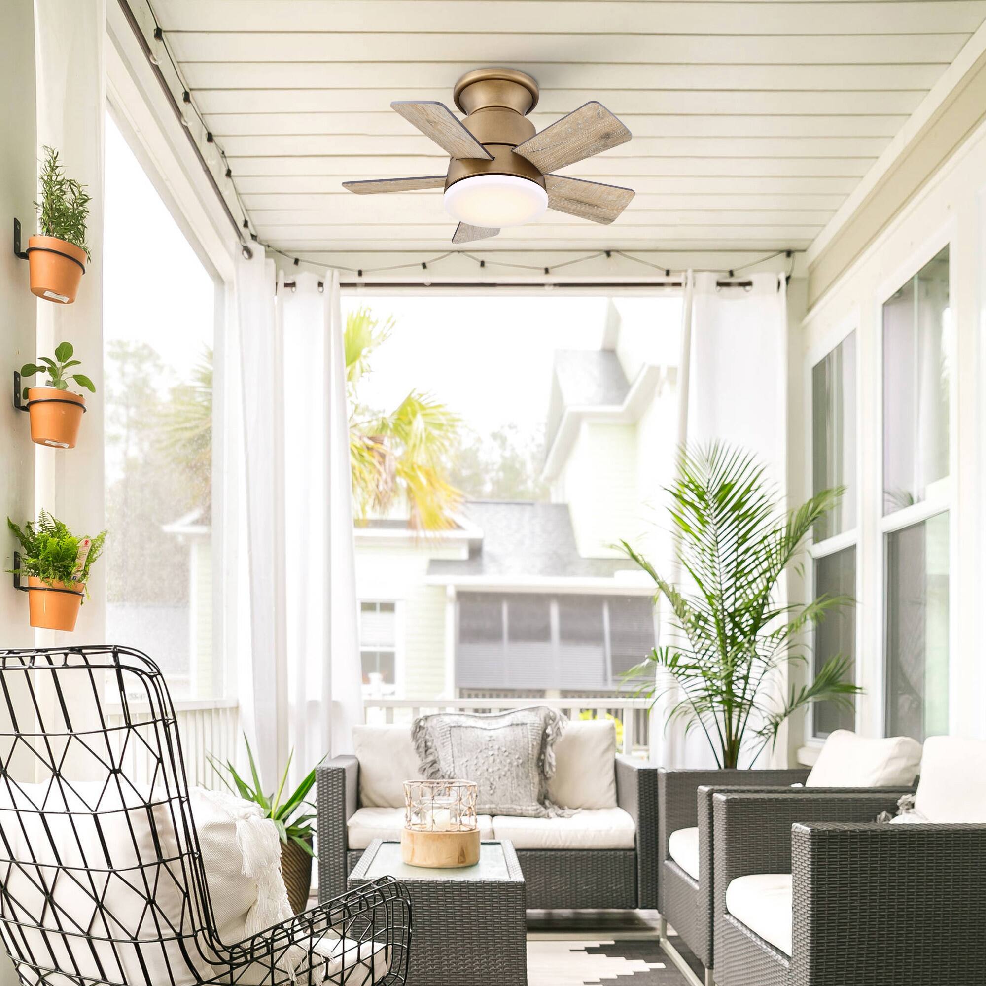 Back. Parrot Uncle - 24 in. Integrated LED Natural Brass Gold Flush Mount Ceiling Fan with Light and Remote - Natural Brass Gold.