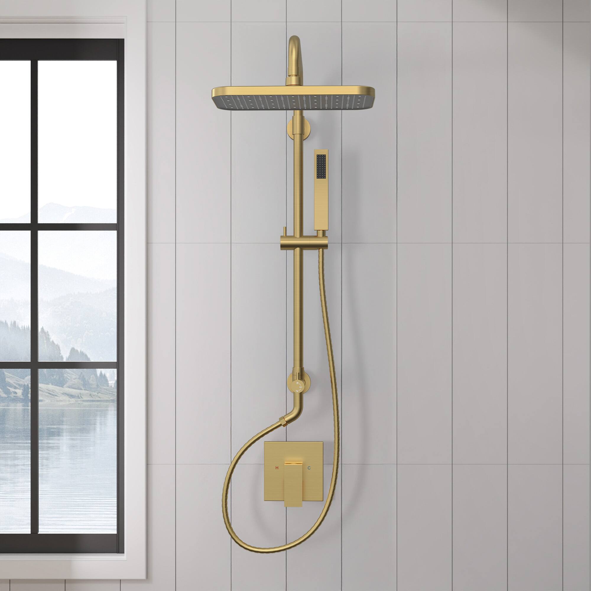 Angle. GRANDJOY - Exposed Shower System with 12-Inch Rectangular Head & 3-Function Diverter - Brushed Gold.