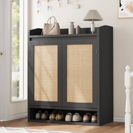 Homhougo - Rattan Shoe Cabinet with 4 Tier Storage Shelves, Modern Wooden Boho with Double Doors, Tall Shoe Organizer Cabinet for - Black