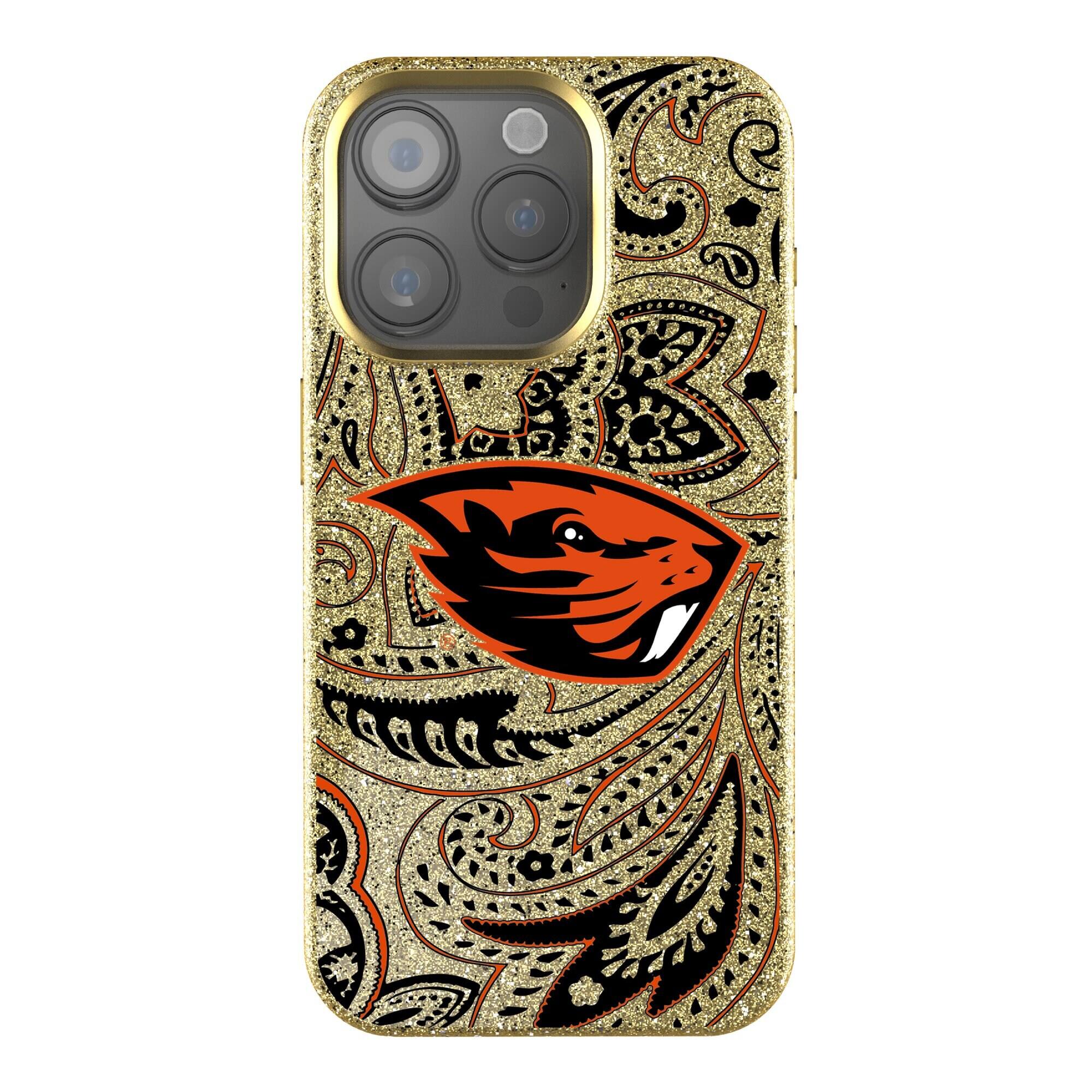 Front. Keyscaper - Oregon State Beavers Paisley Bling iPhone Case - 16 - Gold.