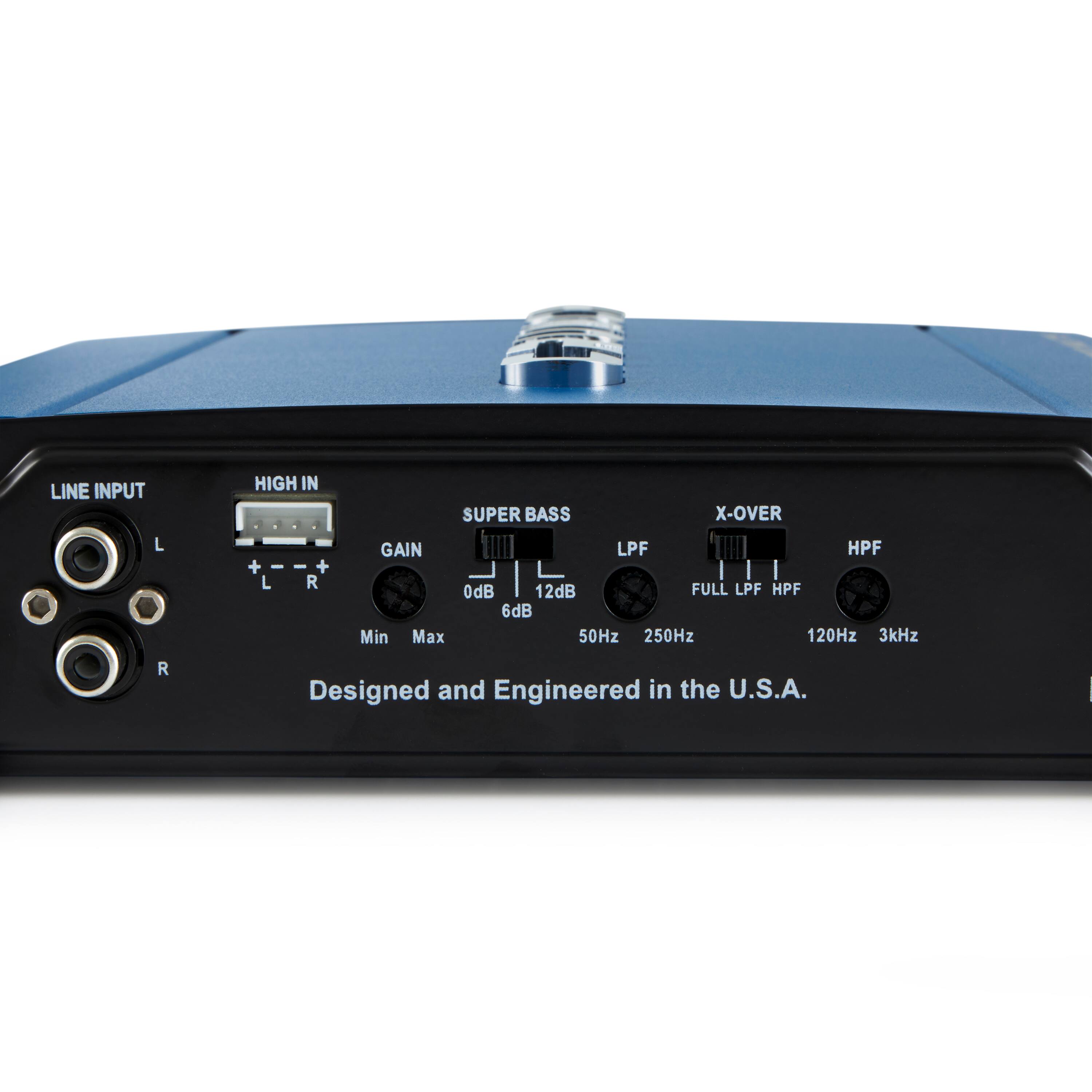 LINE INPUT L R  
HIGH IN  
GAIN Min Max 0dB 6dB  
SUPER BASS X-OVER  
LPF 2dB 50Hz 250Hz  
HPF 120Hz 3kHz  
FULL LPF HPF  
Designed and Engineered in the U.S.A.