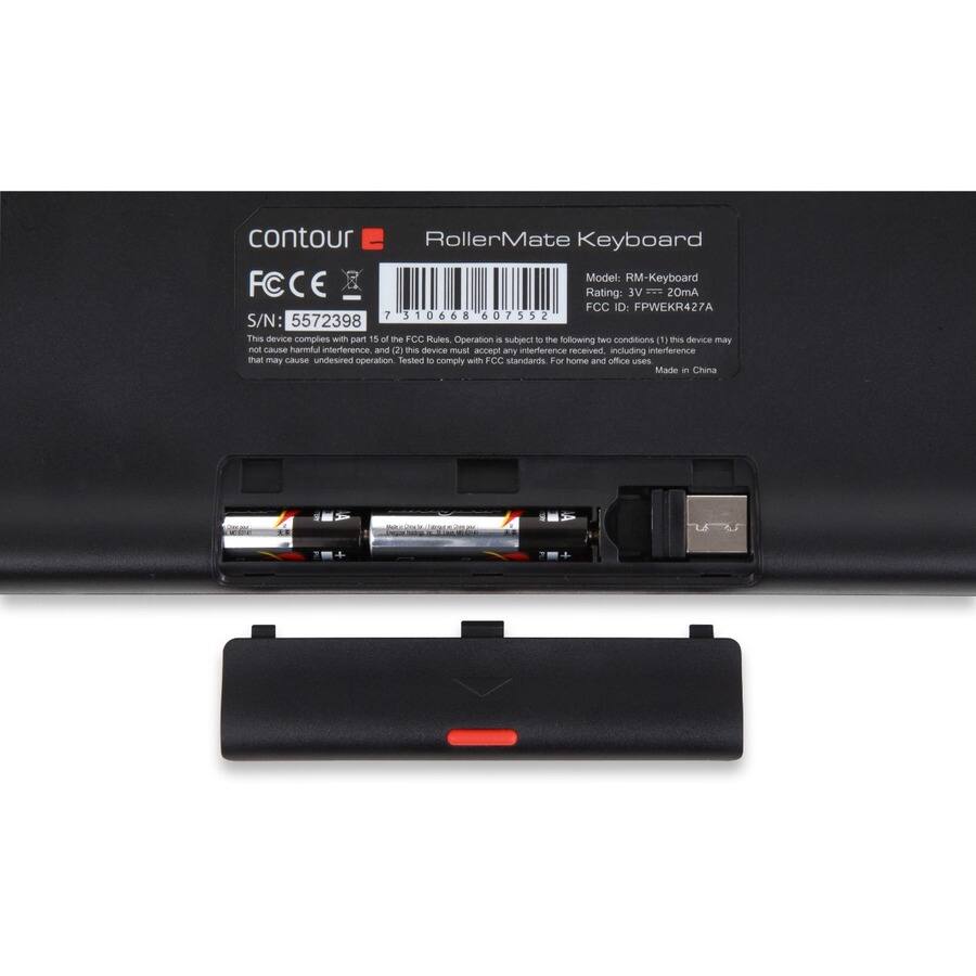 contour  
RollerMate Keyboard  

Model: RM-Keyboard  
Rating: 3V = 20mA  
FCC ID: FPWEKR427A  
S/N: 5572398  

This device complies with part 15 of the FCC Rules. Operation is subject to the following two conditions: (1) this device may not cause harmful interference, and (2) this device must accept any interference received, including interference that may cause undesired operation.  

Tested to comply with FCC standards. For home and office use.  

Made in China  

FCC CE  

7 310668 607552
