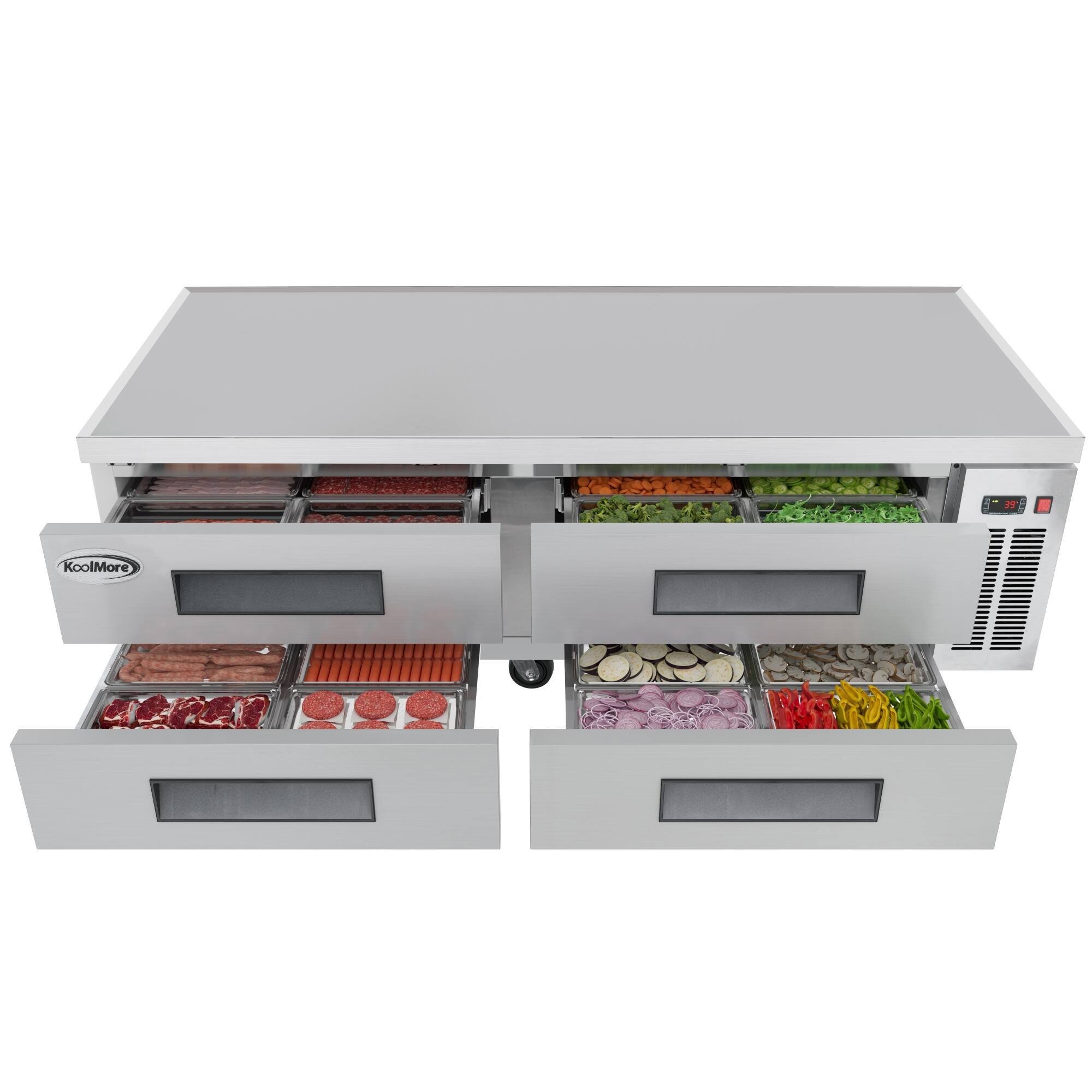 Back. Koolmore - 72 in. Commercial Chef Base Refrigerator Storage Cabinet , Pull-Out Drawers, Rolling Caster Wheels, ETL Listed - Stainless-Steel.