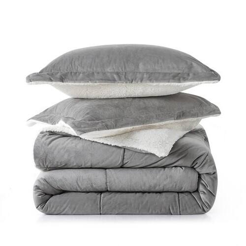 Left. Hivvago - Queen Plush Microfiber Reversible Comforter Set in Grey - Grey.