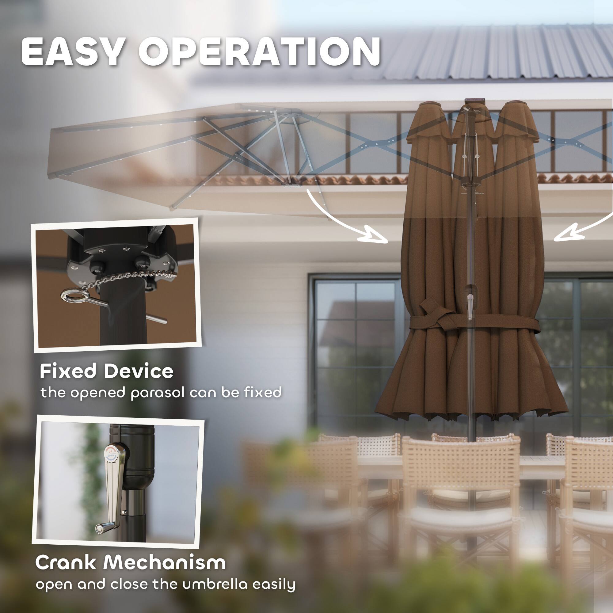 EASY OPERATION
Fixed Device
the opened parasol can be fixed
Crank Mechanism
open and close the umbrella easily