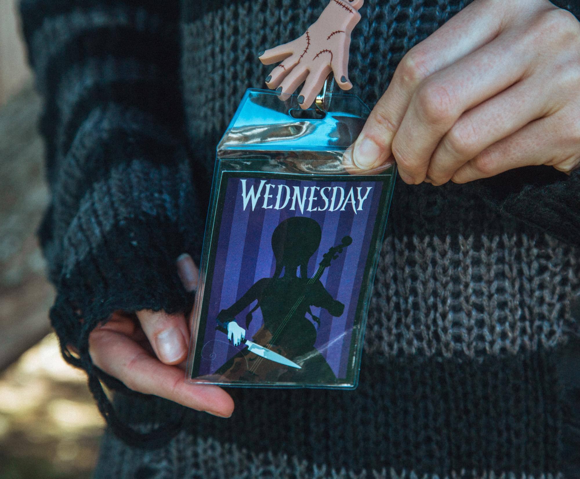 Alt View 5. Silver Buffalo - Addams Family Wednesday Silhouette Lanyard with ID Badge Holder and Thing Charm - Purple.