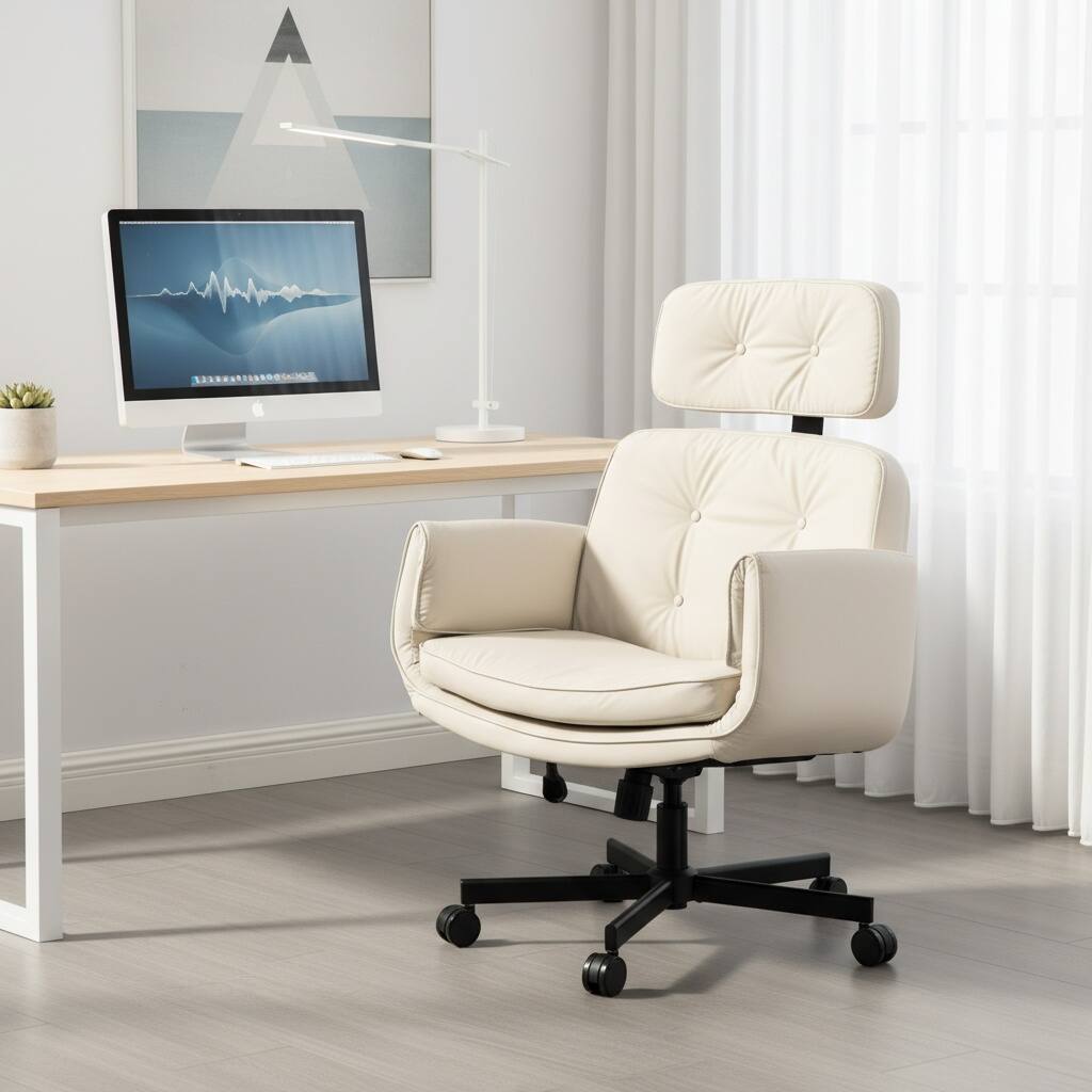 Alt View 3. Forest'nSky - Wide Cross-Legged Office Chair with Adjustable Headrest, Arms & Wheels, Swivel PU Task Chair for Makeup, Gaming,Beige - Beige.