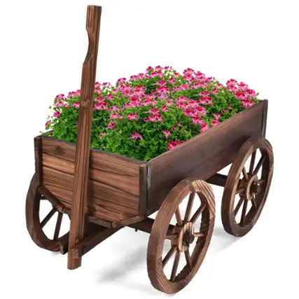 Front. Costway - Wood Wagon Flower Planter Pot Stand W/Wheels Home Garden Outdoor Decor - Brown.
