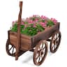 Costway - Wood Wagon Flower Planter Pot Stand W/Wheels Home Garden Outdoor Decor - Brown