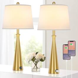 Nordic Hygge - Table Lamps Set of 2 with 2 USB Charging Ports, Bedside Lamp with Rotary Switch, 26.4” Tall Brass Nightstand Lamp - Gold