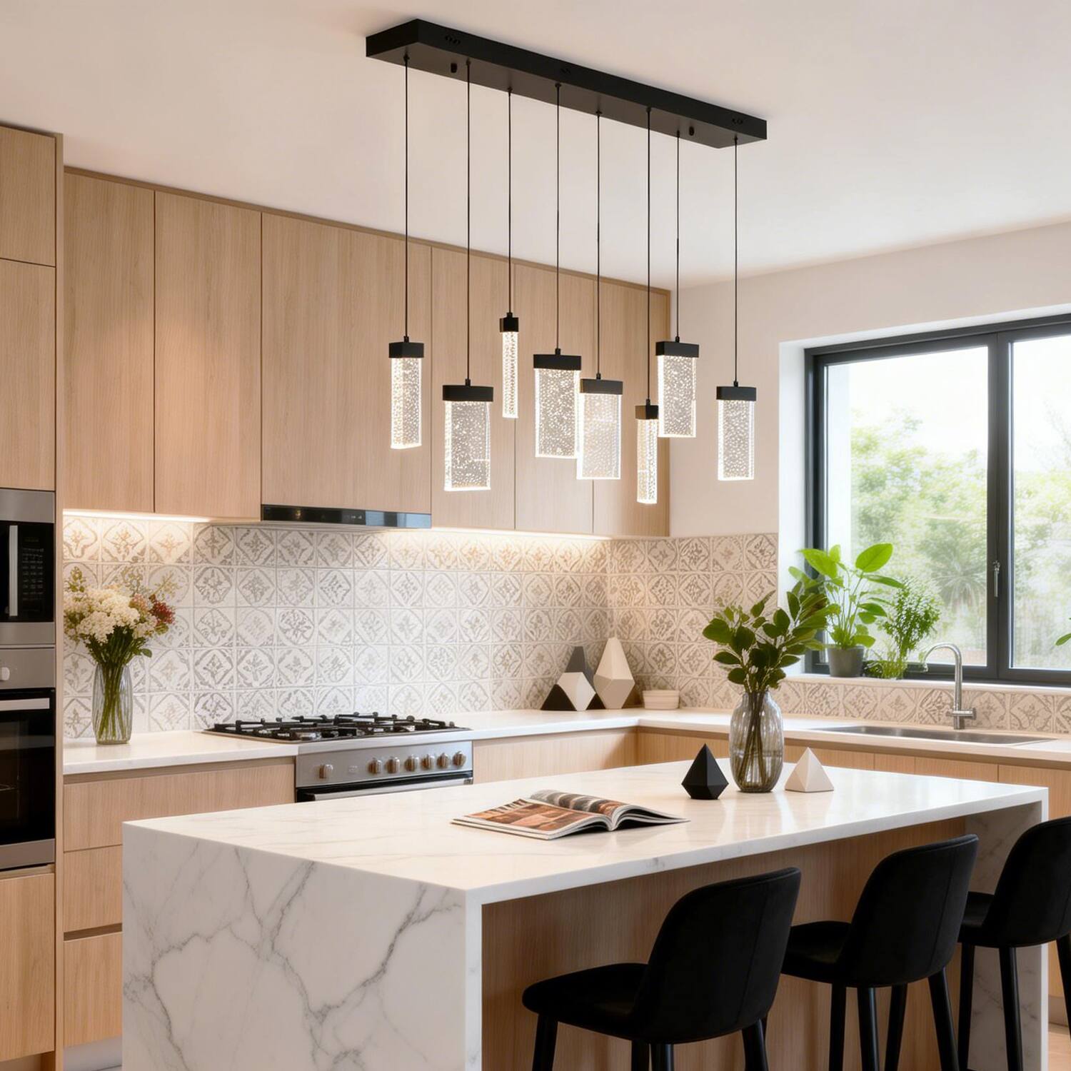 Left. Umeiluce - 8 Lights Modern Perceus Kitchen Island Chandelier Rectangle Base Warm Light Dimmable - Matte Black.
