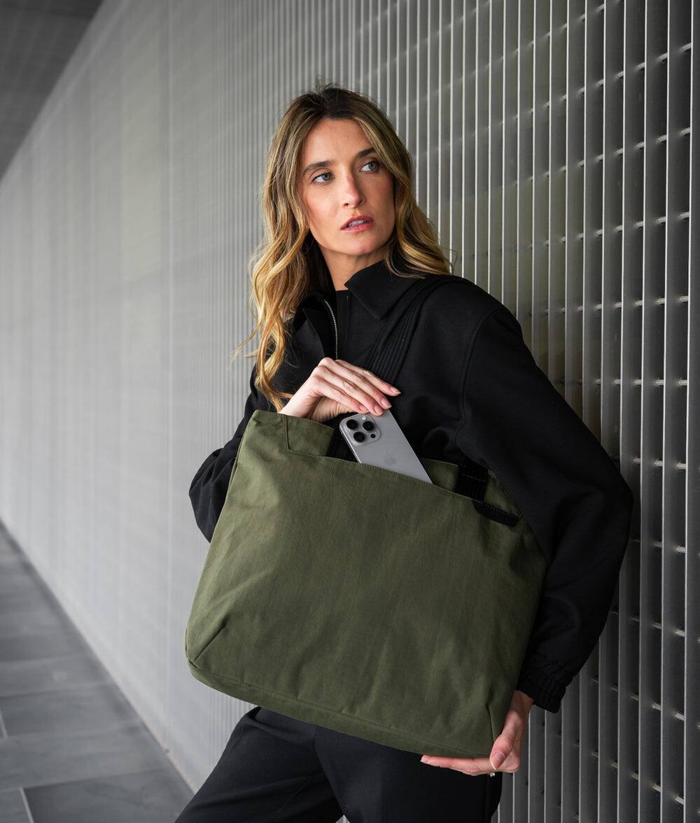 Alt View 10. ALPAKA - Flight Tote (L) Laptop Tote Bag for Work, Large Tote Bag Fits 16" MacBook Pro, Water Bottle Pocket, Luggage Pass-Through - Green Axoflux 400D.