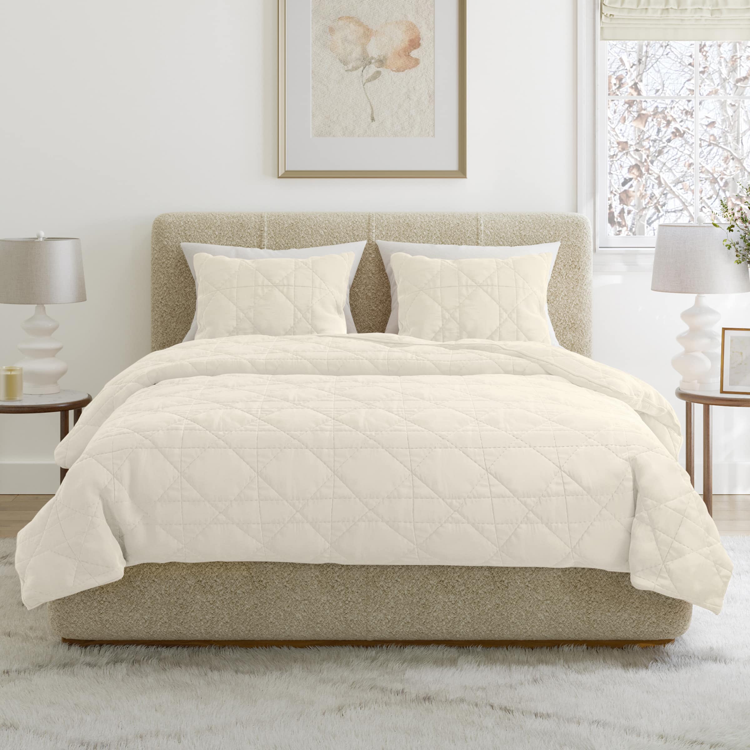 Lavish Home - 3PC Velvet King Quilt Bedding Set 108x92 Inch King Bedspread and Pillow Shams Medium Weight Bed Set for All Seasons - Cream