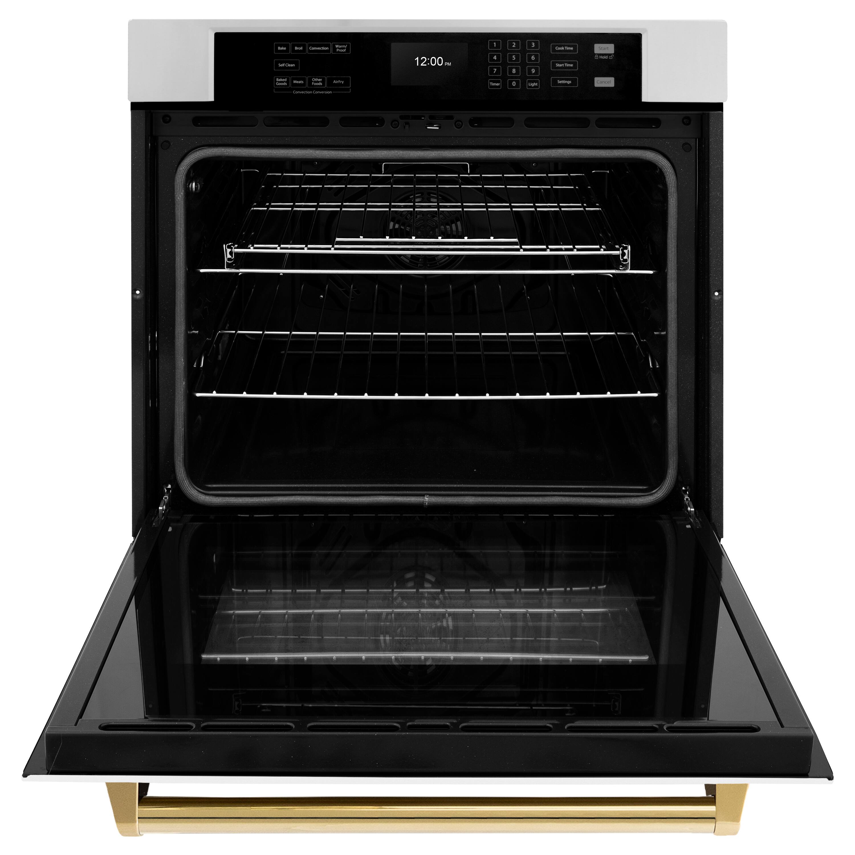 Angle. ZLINE - 30 in. Autograph Wall Oven w/ Air Fry and Self Clean w/ White and Gold Accents - Stainless Steel.