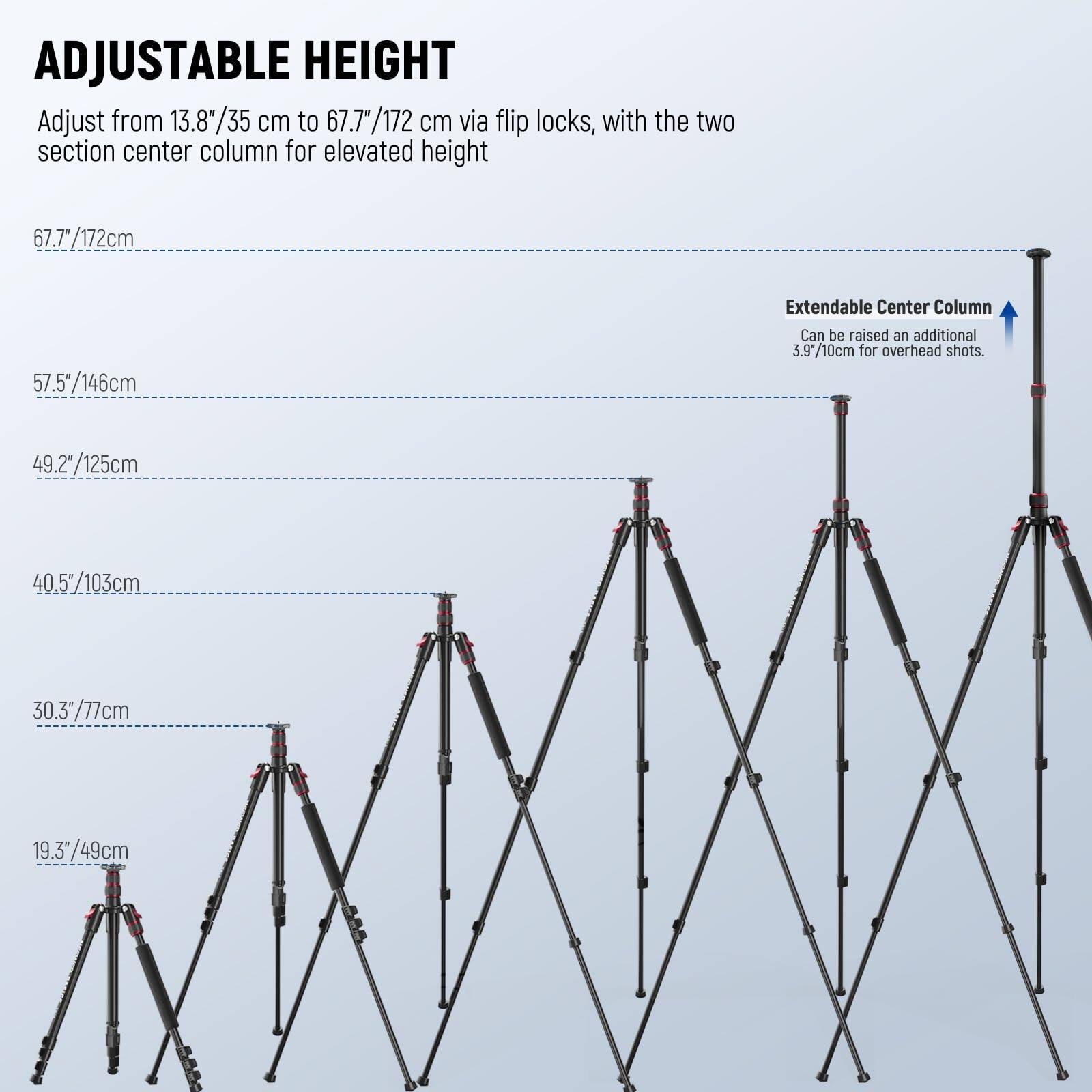 ADJUSTABLE HEIGHT  
Adjust from 13.8"/35 cm to 67.7"/172 cm via flip locks, with the two section center column for elevated height

67.7"/172cm  
57.5"/146cm  
49.2"/125cm  
40.5"/103cm  
30.3"/77cm  
19.3"/49cm  

Extendable Center Column  
Can be raised an additional 3.9"/10cm for overhead shots.