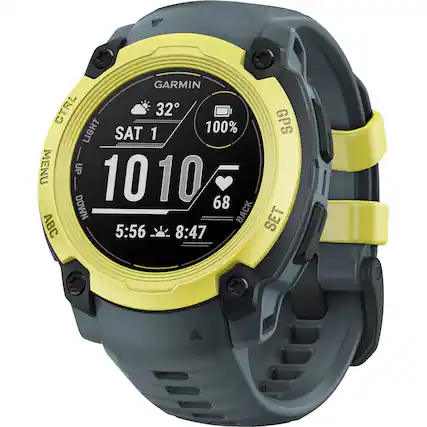 Garmin watch with a 100% GPS signal and a 100% battery life. The watch face displays the time as 5:56 and 8:47. The watch also has a menu button and a back button. The watch is yellow and black in color.