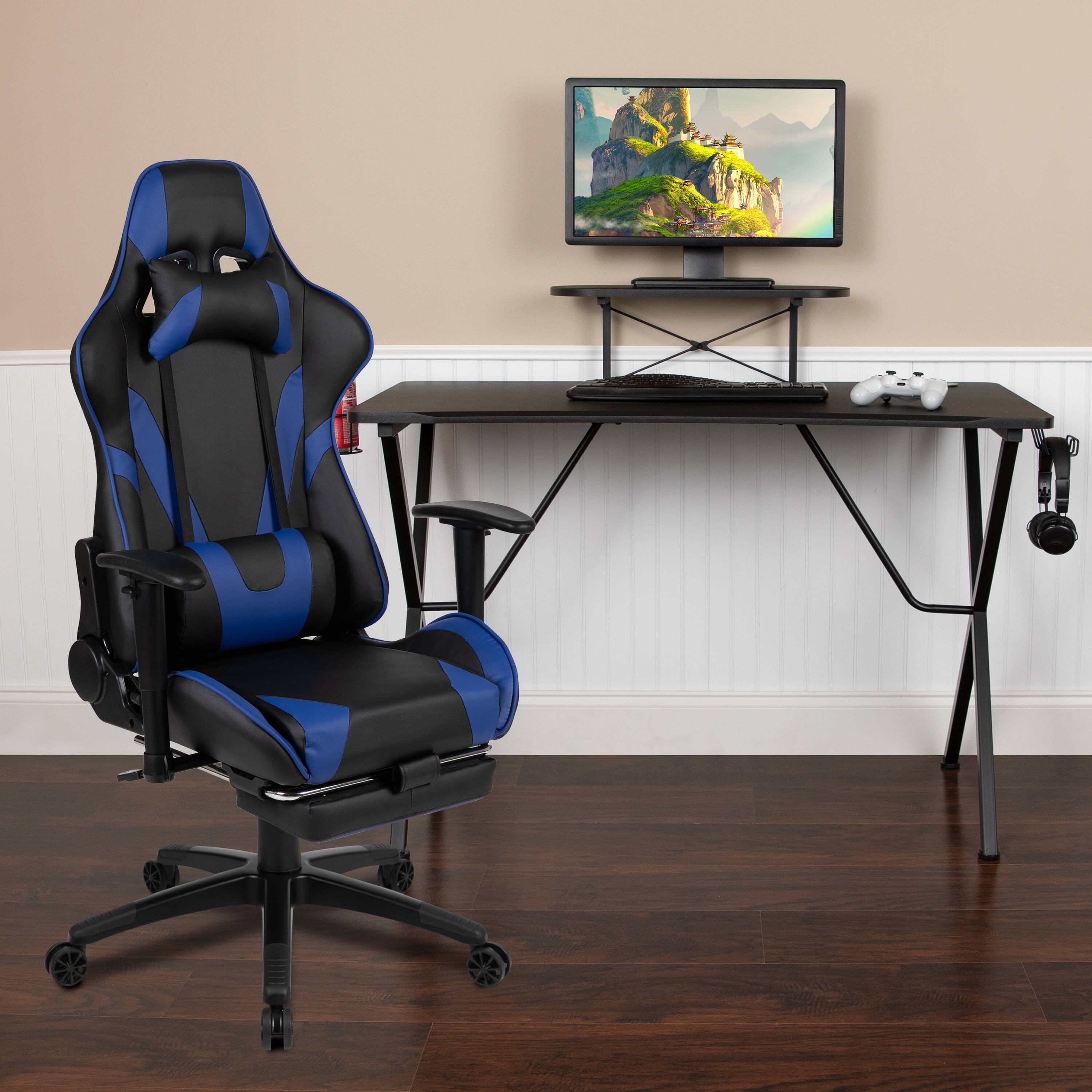 Alt View 1. Emma + Oliver - Gaming Desk & Chair Set - Cup Holder, Headphone Hook, and Monitor Stand - Blue.