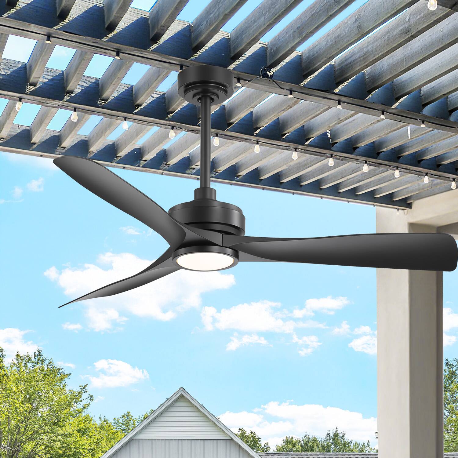 Front. Breezary - 52-Inch Ceiling Fan with LED Light, 3 ABS Blades, DC Motor 120V 37W, IP34 Waterproof, Includes 5 & 10 Inch Downrods - black.