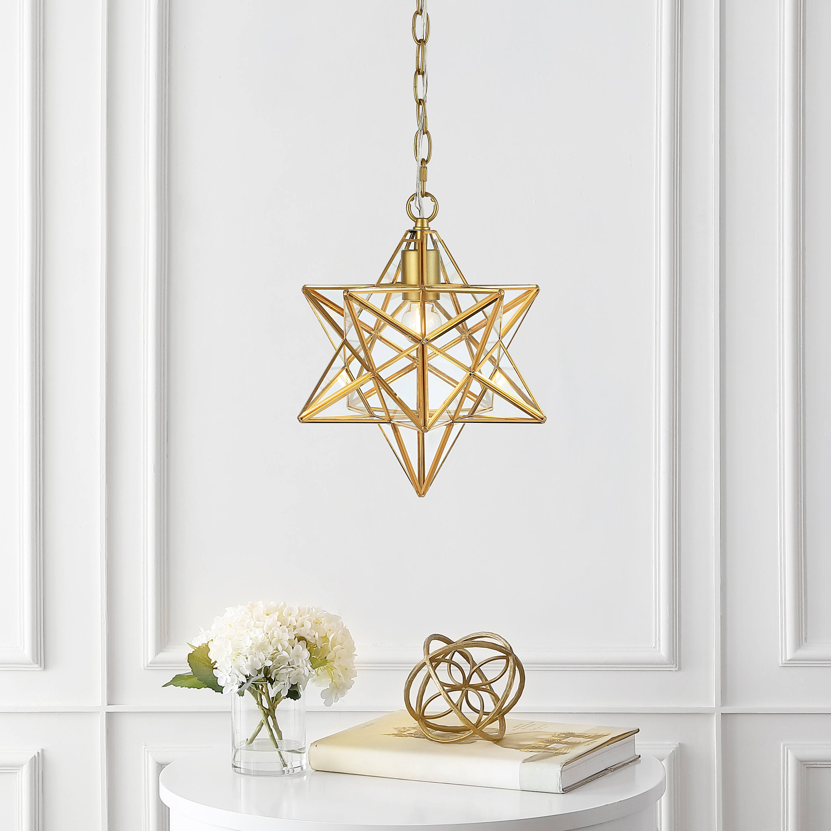 Alt View 1. Jonathan Y - Stella 12" Moravian Star Metal/Clear Glass LED Pendant, Gold Leaf/Clear - Gold Leaf.
