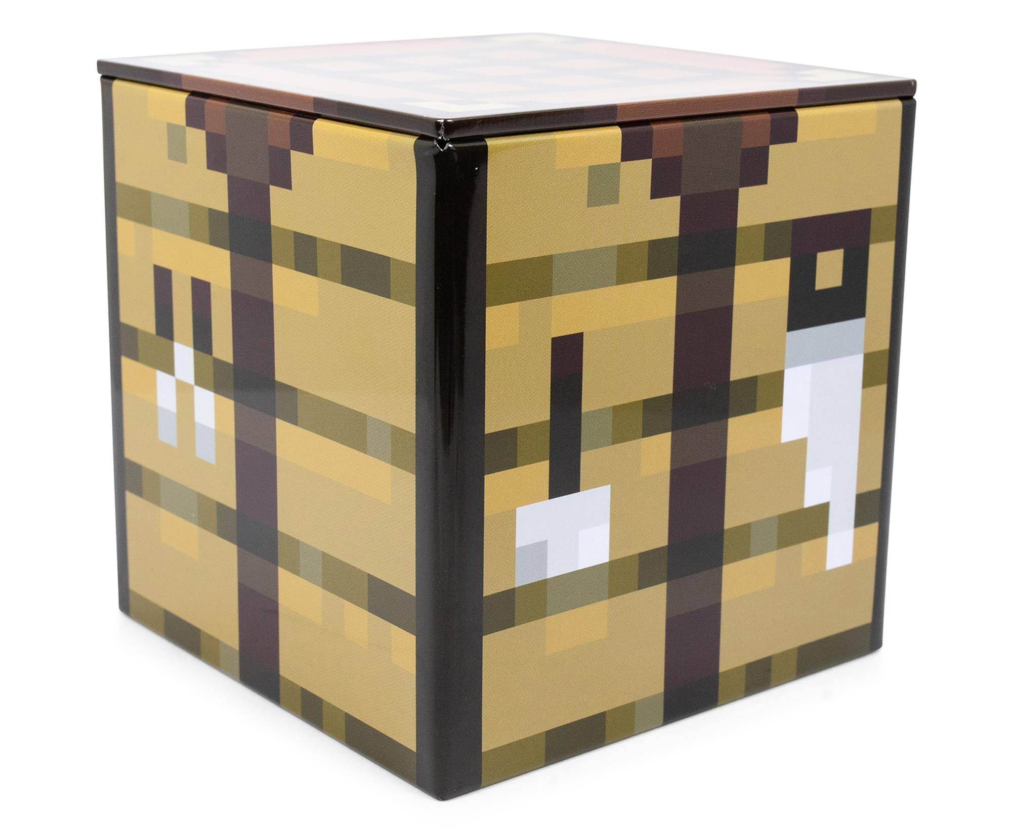 Front. Ukonic - Minecraft Crafting Table Tin Storage Box Cube Organizer with Lid | 4 Inches - Brown.