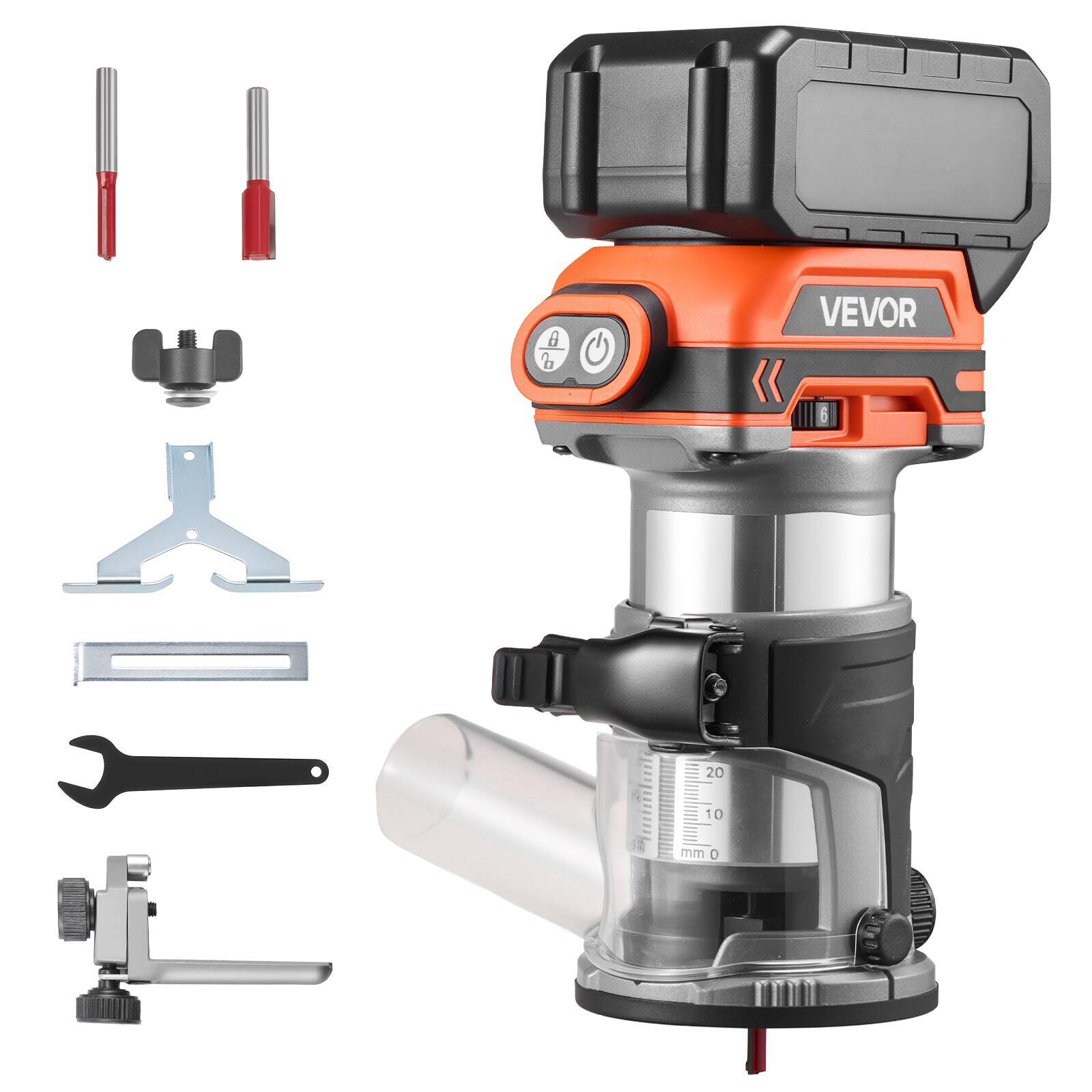 Front. VEVOR - Cordless Wood Router, 18V Brushless, Compact Variable Speed Palm Router with Fixed Base, 1/4-Inch Collet - Orange;Black.