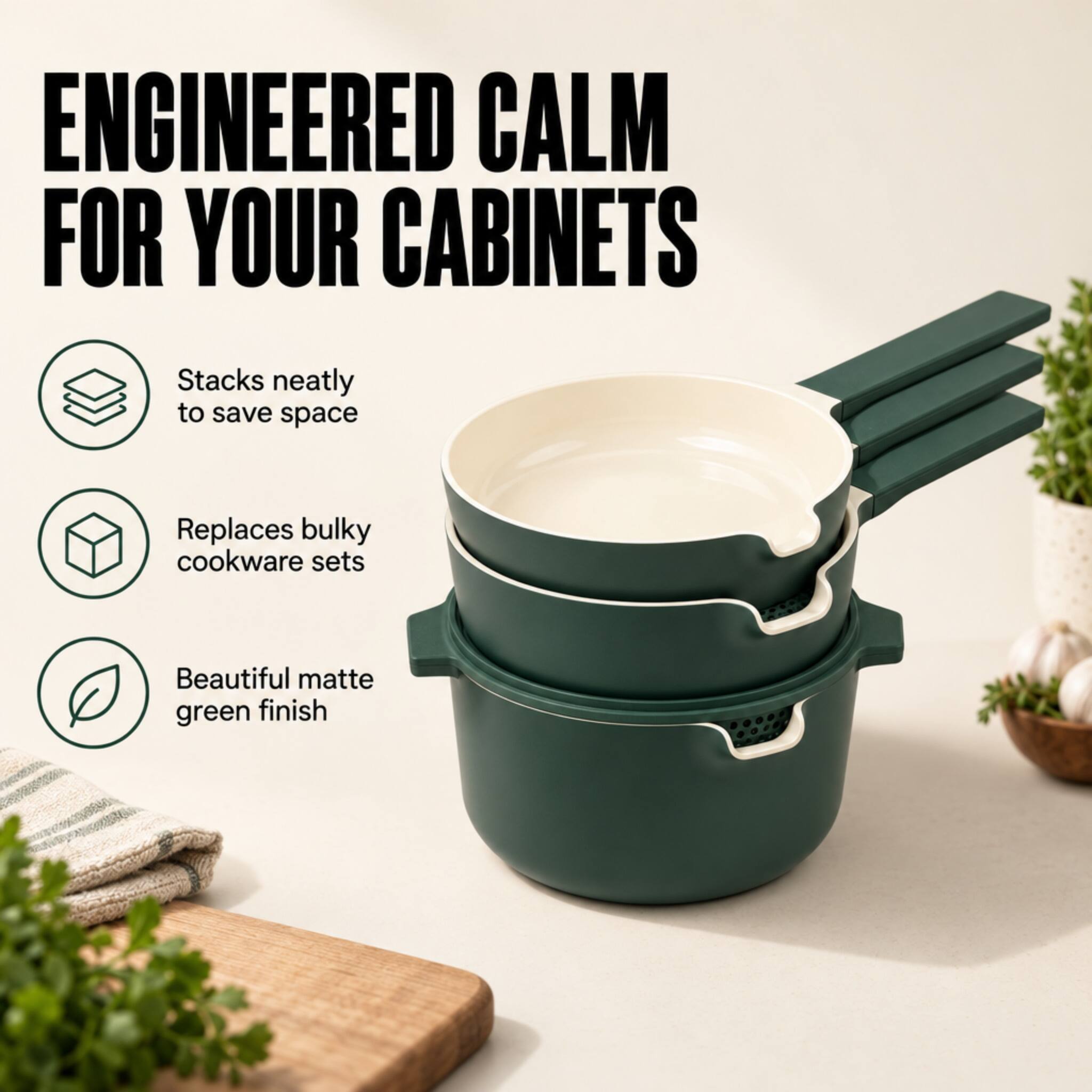 ENGINEERED CALM FOR YOUR CABINETS

- Stacks neatly to save space
- Replaces bulky cookware sets
- Beautiful matte green finish