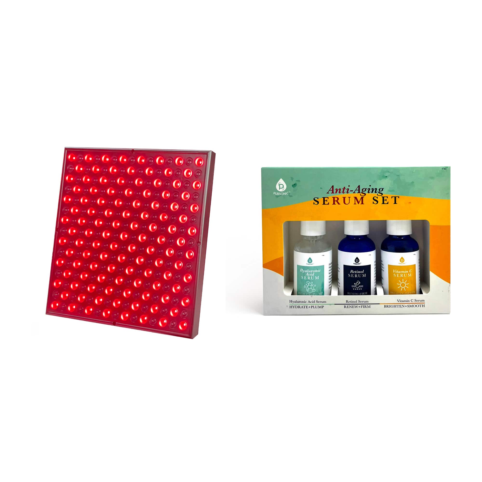 Pursonic - LED Red Light Therapy Panel & Anti-Aging Serum Set (Vitamin C, Retinol, and Hyaluronic Acid)