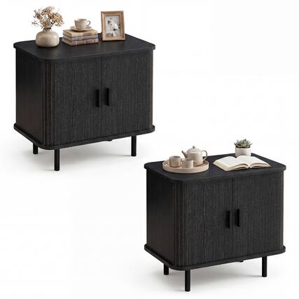 Front. Gymax - Gymax 2PCS End Table Mid Century Nightstand w/Sliding Tambour Doors & Storage Shelf Black - Black.