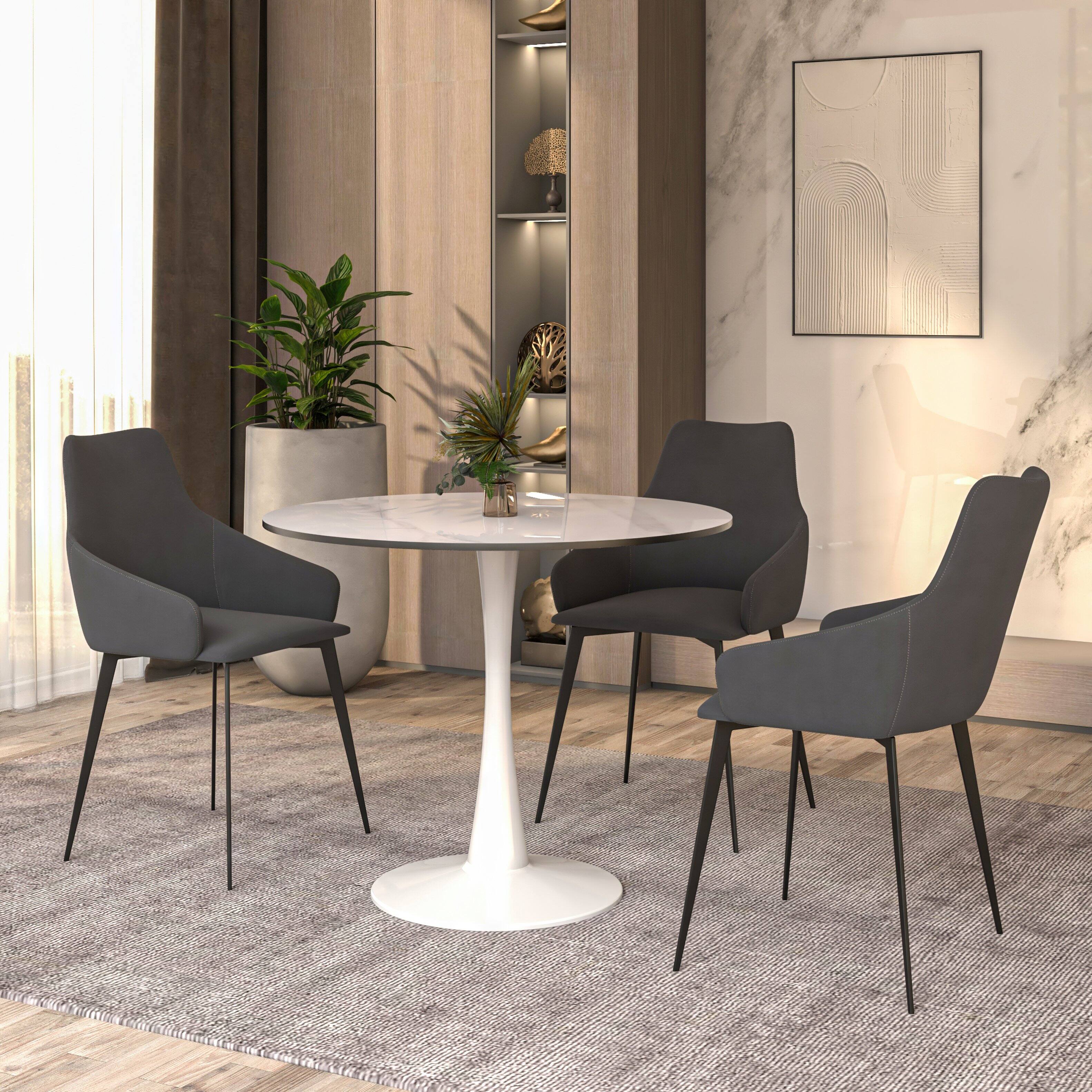 Angle. LeisureMod - Bristol 31" Mid-Century Round Kitchen Table - Heavy-Duty Pedestal Base, Scratch-Resistant Stone or Wood Top - Stone - White.