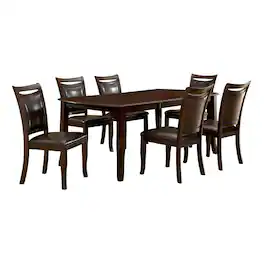Manhattan Lane - Woody 7pc Dining Table Set, 18-Inch Leaf, Espresso Faux Leather Chairs - Dark Cherry Brown, Espresso Brown