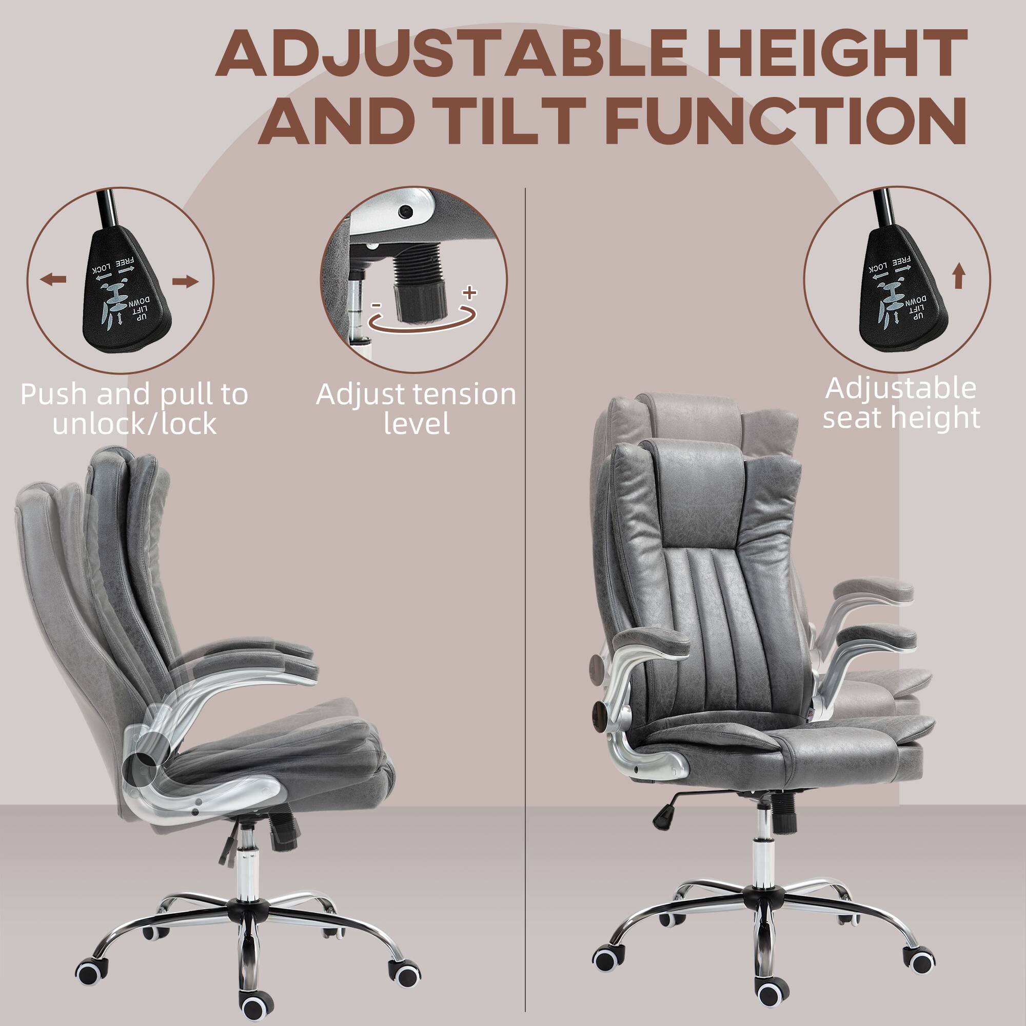 ADJUSTABLE HEIGHT AND TILT FUNCTION

Push and pull to unlock/lock
Adjust tension level
Adjustable seat height