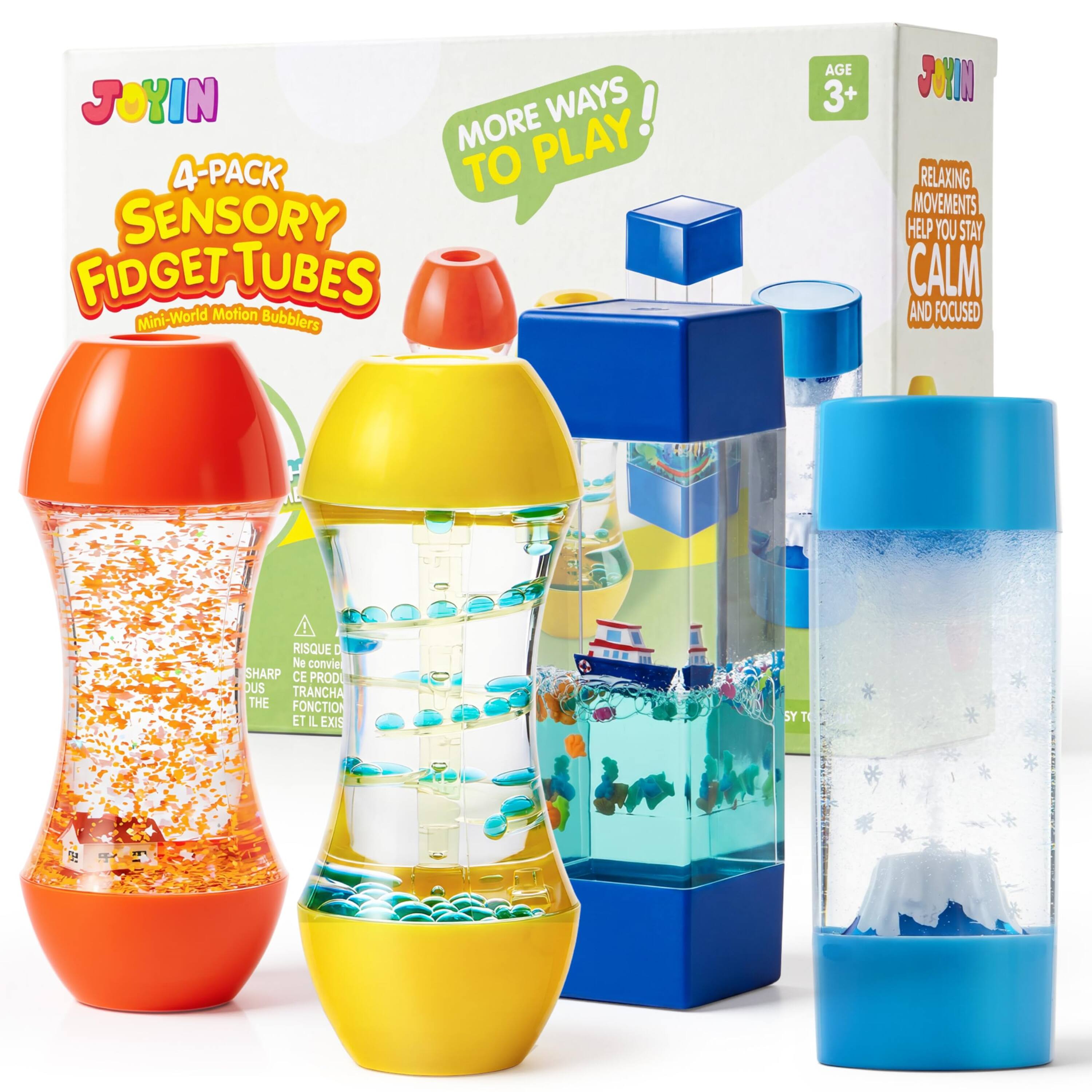 JOYIN 4-PACK SENSORY FIDGET TUBES Mini-World Motion Bubblers AGE 3+  
MORE WAYS TO PLAY!  
RELAXING MOVEMENTS HELP YOU STAY CALM AND FOCUSED  
RISQUE: SHARP CE PROD DUS TRANCHA THE FONCTION ET L EXIS SYT