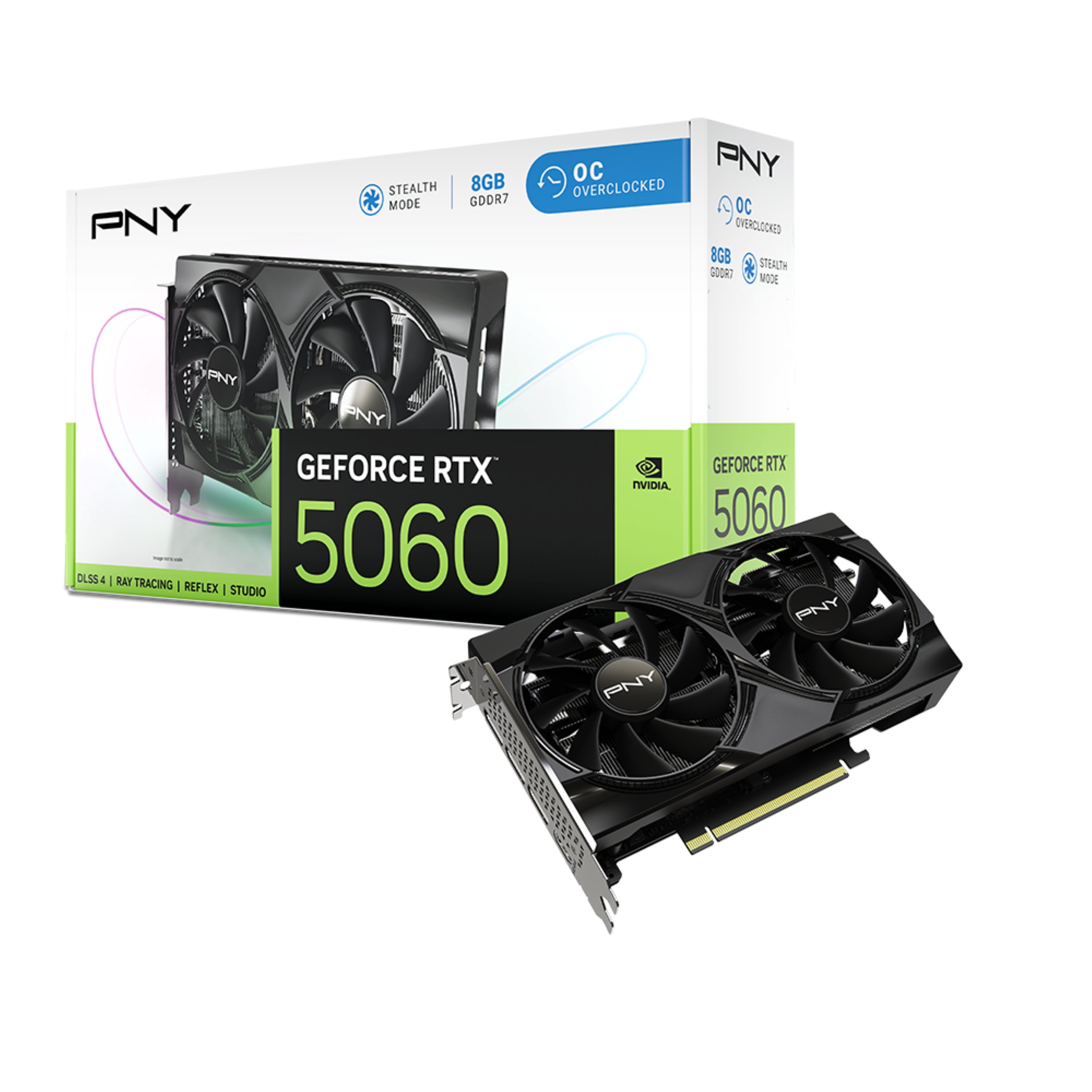 PNY  
STEALTH MODE  
8GB GDDR7  
OC OVERCLOCKED  

GEFORCE RTX 5060  
DLSS 4 | RAY TRACING | REFLEX | STUDIO  

PNY  
OC OVERCLOCKED  
8GB GDDR7  
STEALTH MODE  

GEFORCE RTX 5060
