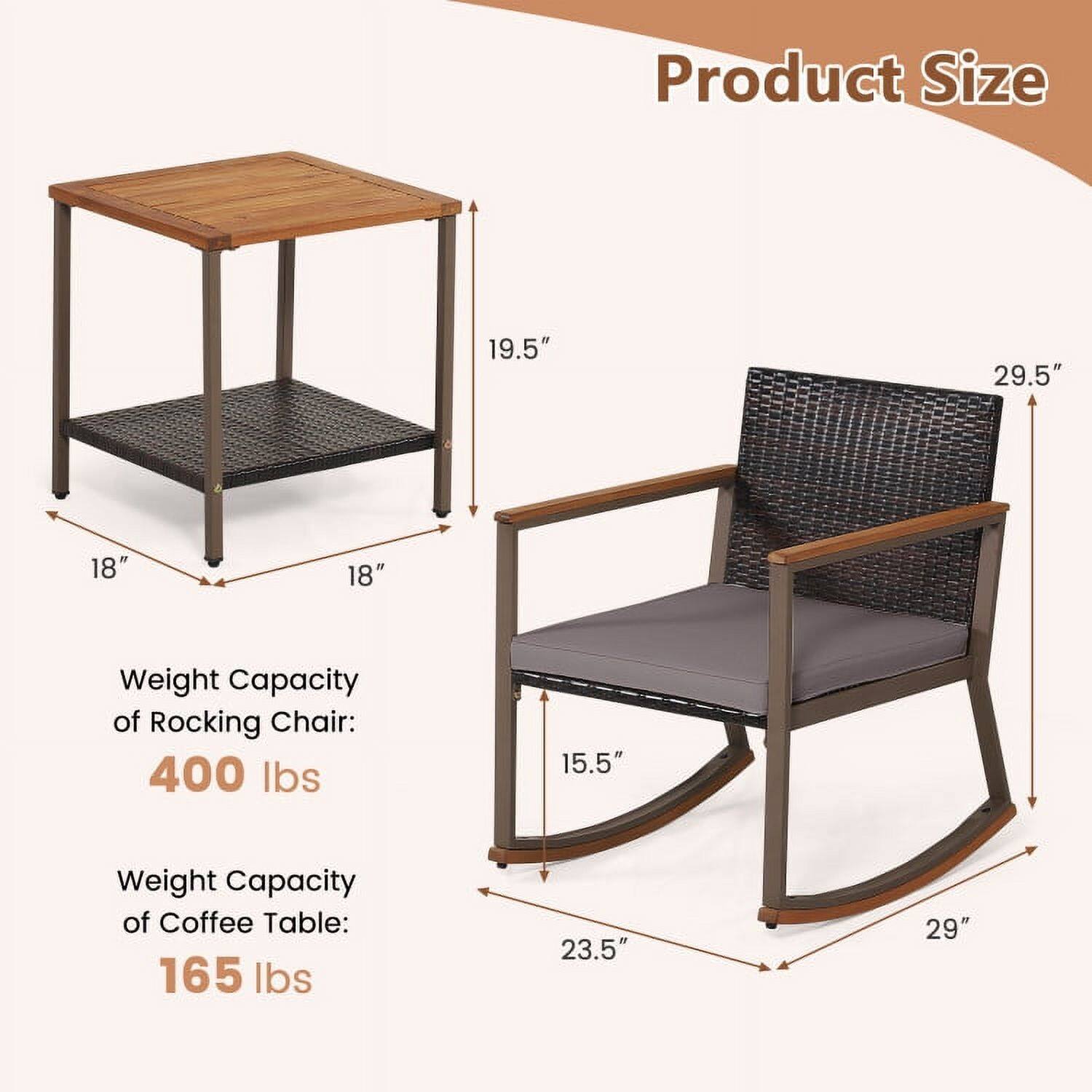 Product Size  
19.5" x 18" x 18"  
29.5" x 15.5" x 23.5" x 29"  

Weight Capacity of Rocking Chair: 400 lbs  
Weight Capacity of Coffee Table: 165 lbs