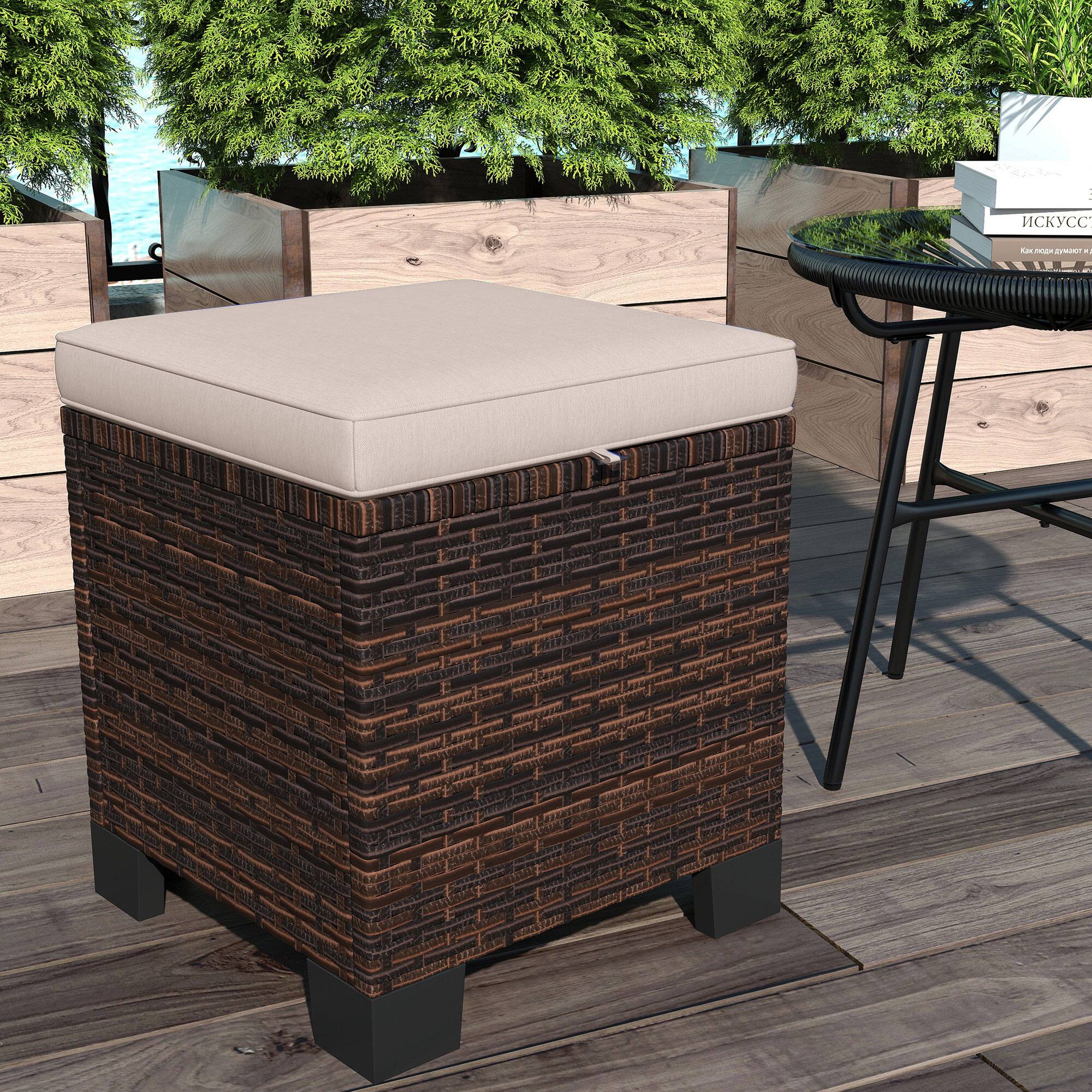 Alt View 7. Outsunny - 2 Pieces Outdoor Patio Ottomans, All Weather Wicker Outdoor Footstools with Removable Cushions - Cream White.
