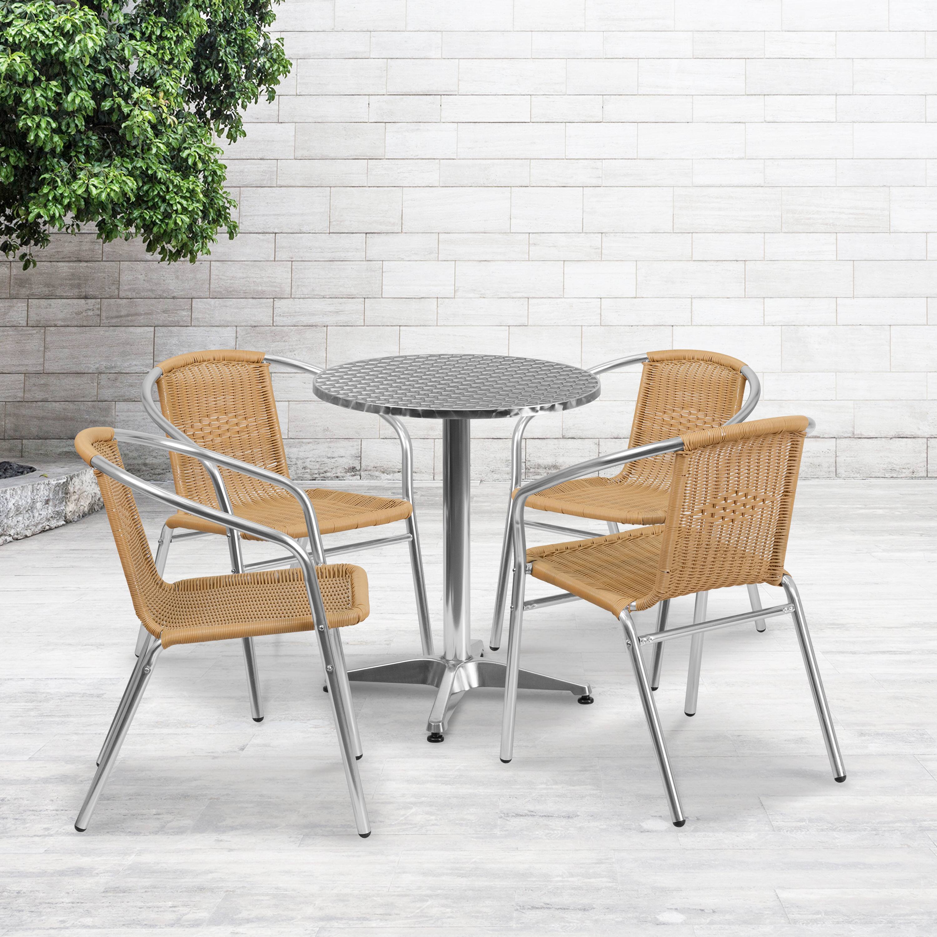 Alt View 1. Emma + Oliver - 23.5" Round Aluminum Garden Patio Table Set with 4 Rattan Chairs - Beige.