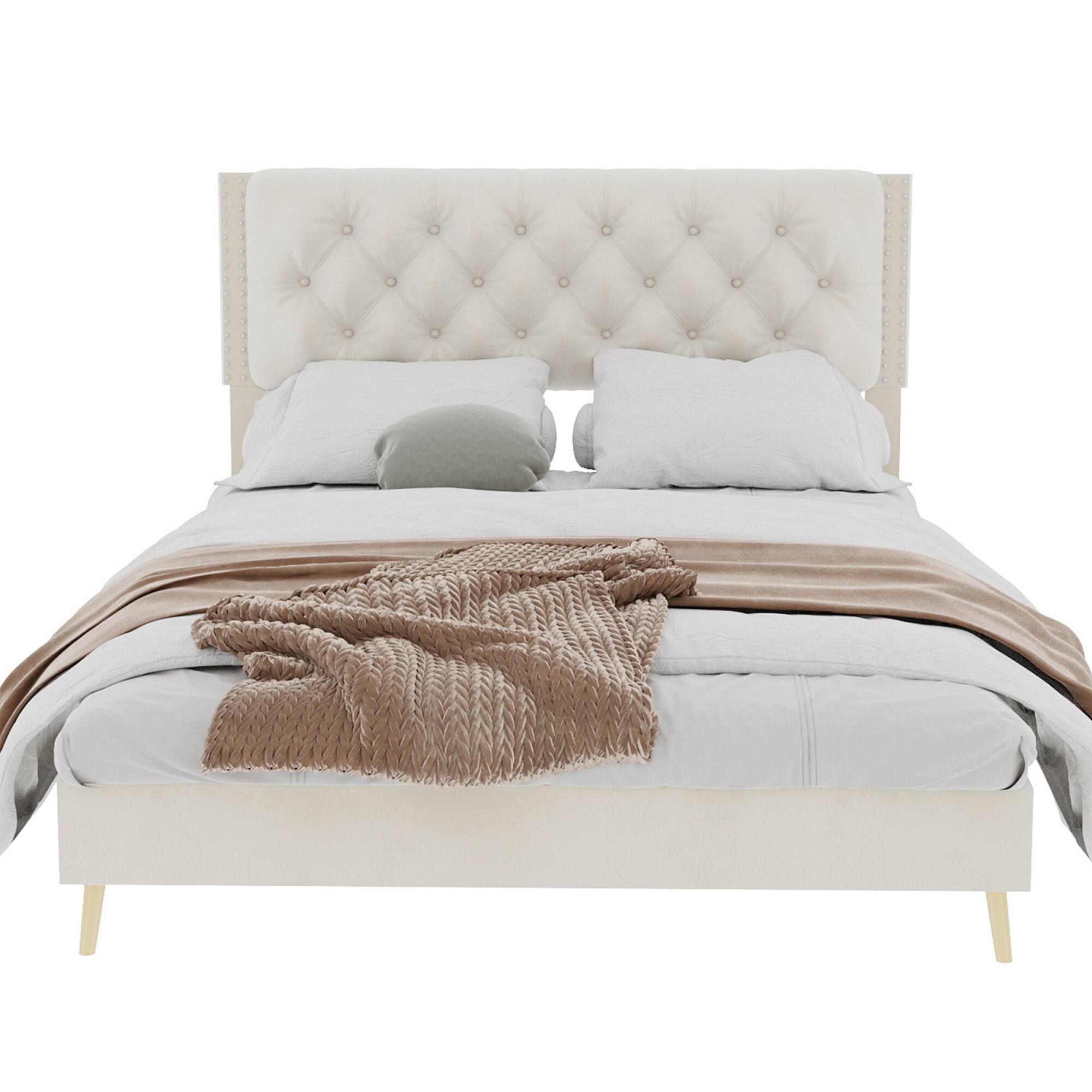 Alt View 7. GOODSILO - Luxury Tufted Velvet Upholstered Bed Frame with Platform Base for Queen Size Mattress, Gray Modern Bedroom Centerpiece - Beige.