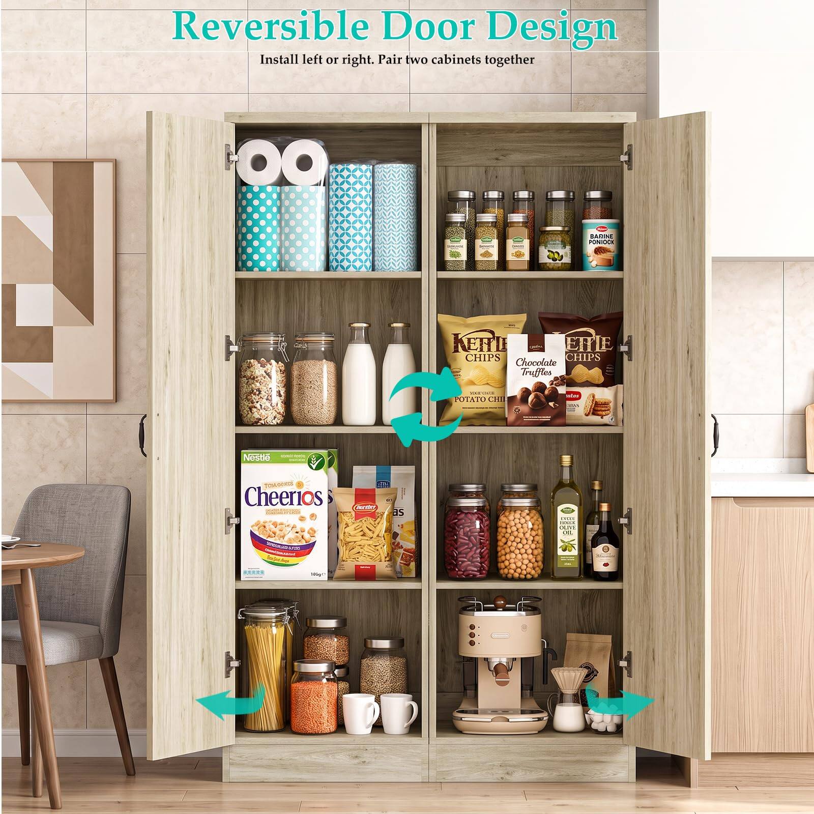 Reversible Door Design  
Install left or right. Pair two cabinets together  

BARINE PONIOCK  
KEHLI ERLE CHIPS  
CHIPS Chocolate Truffles  
VETTURA POTATO CHI  
satar  
Nestle  
TONLOOKS Cheerios  
TW Servace as  
THE OLIVE OIL